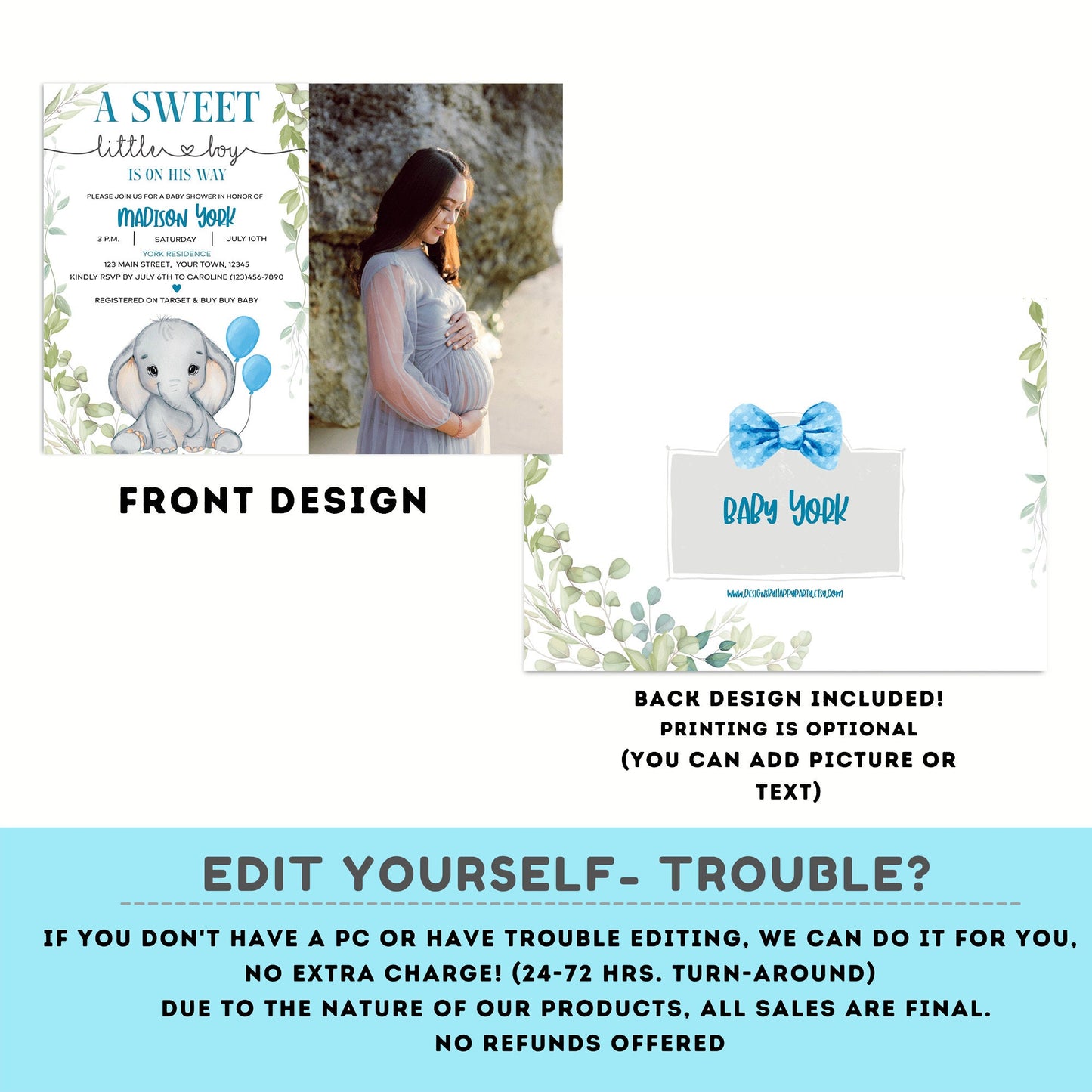 Elephant Baby Shower Invitations for baby boy with photo | Sweet baby boy | blue | Cute elephant | Edit Yourself & Instant download #B18