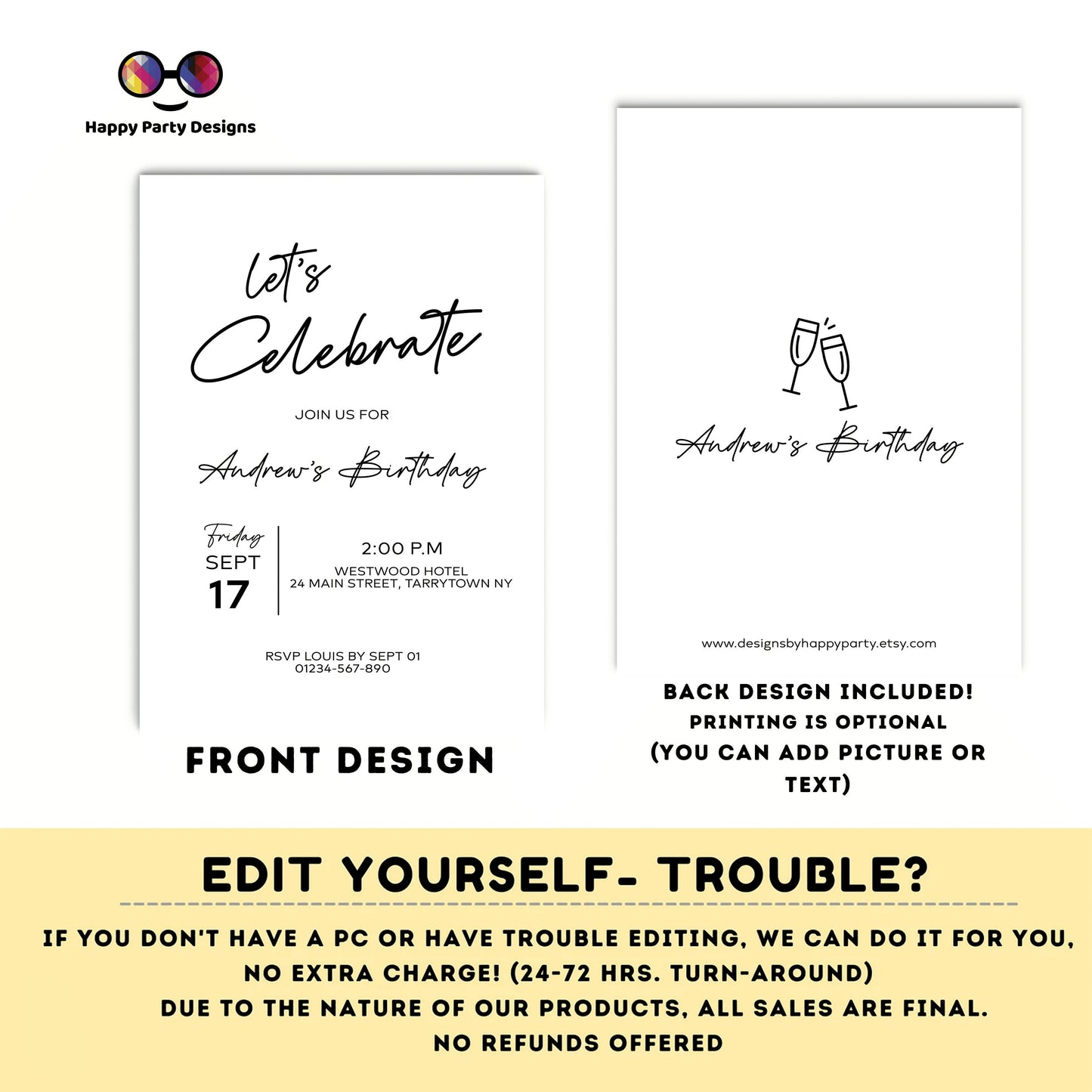 Let's celebrate! Minimalist birthday Invitations | Surprise Birthday Party Invites | Anniversary Invite | Black White Invite for Him #A2
