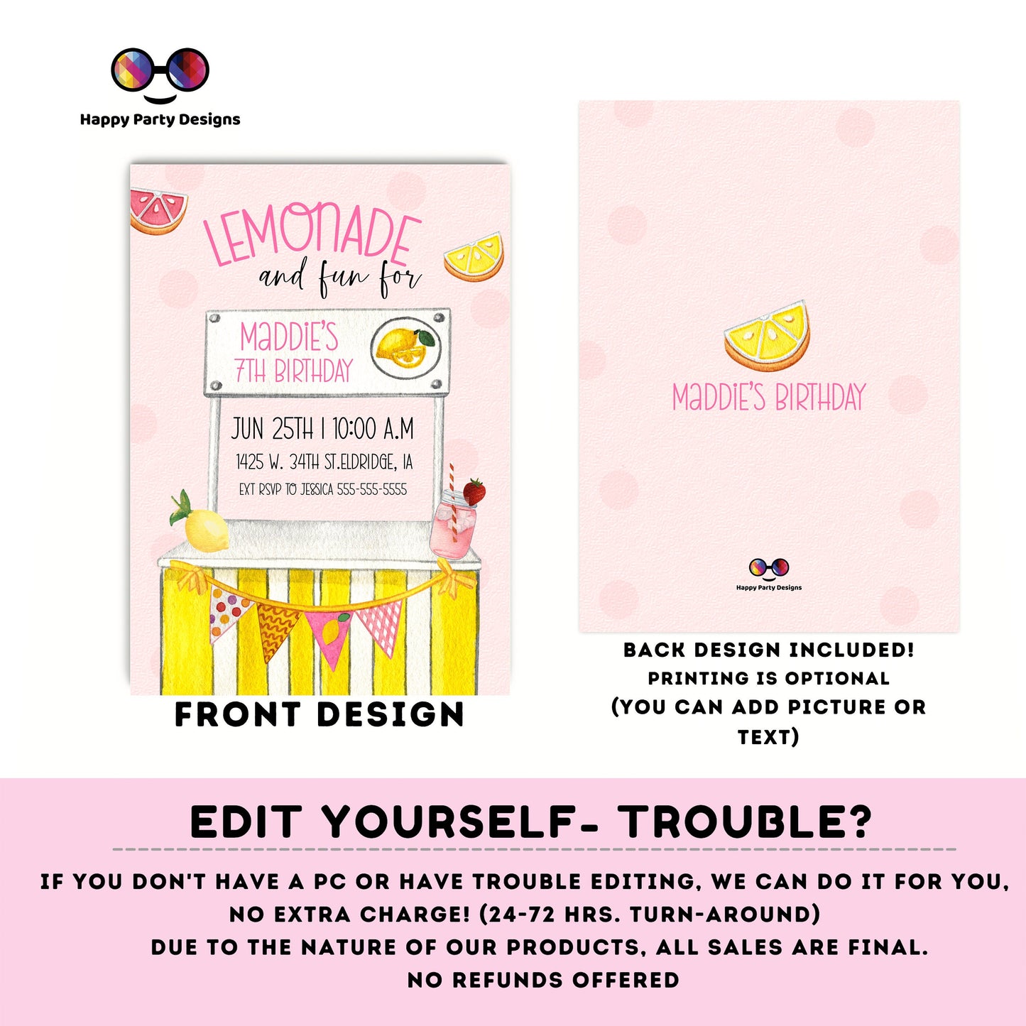 Editable Lemonade Invitation | Lemonade Birthday Invitation | Garden Birthday Party | Lemonade Stand Birthday | Girl Birthday #K100