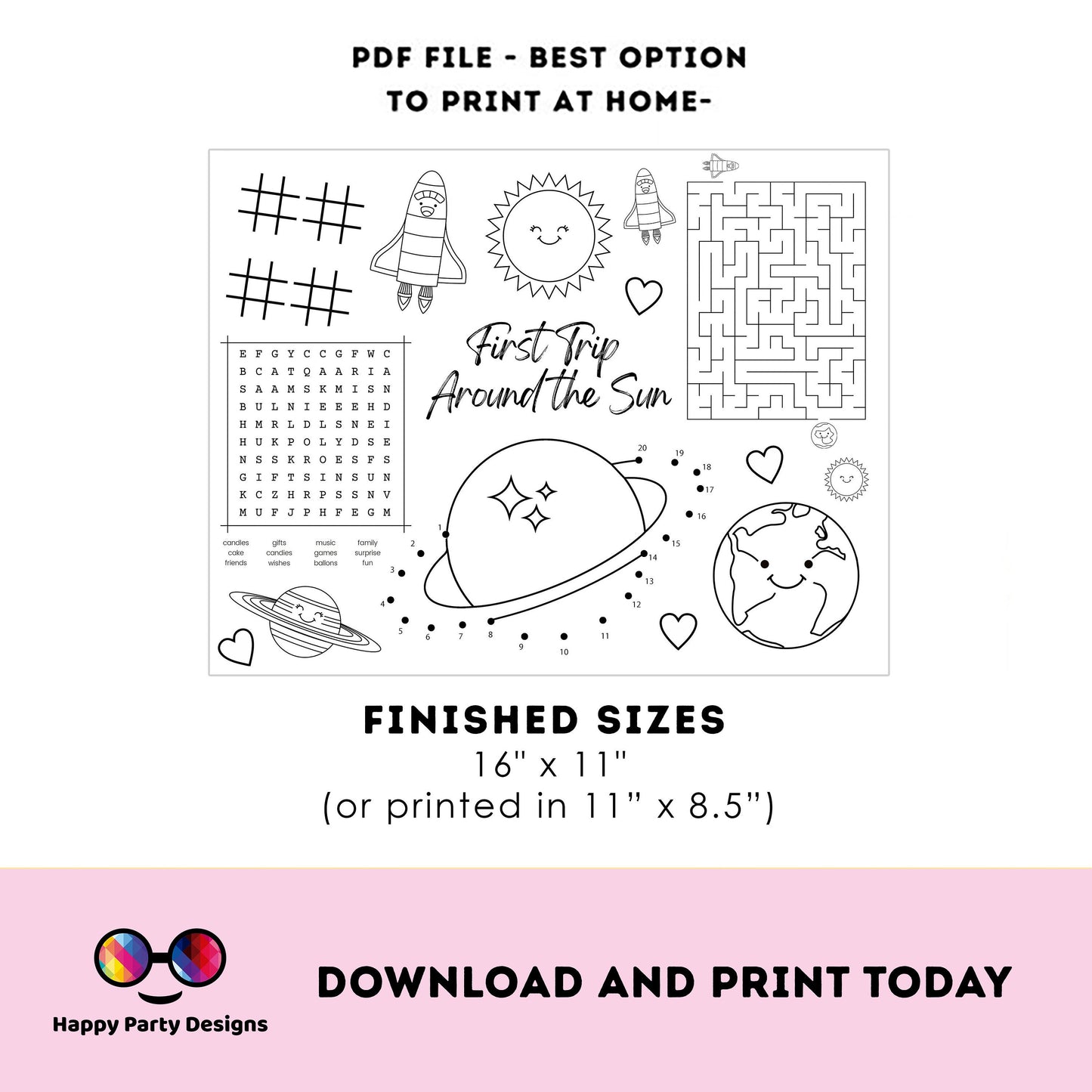 INSTANT DOWNLOAD First Trip Around the Sun party coloring page | Outer Space party Activity games GIRL Astronaut Activity Page Placemat #K57