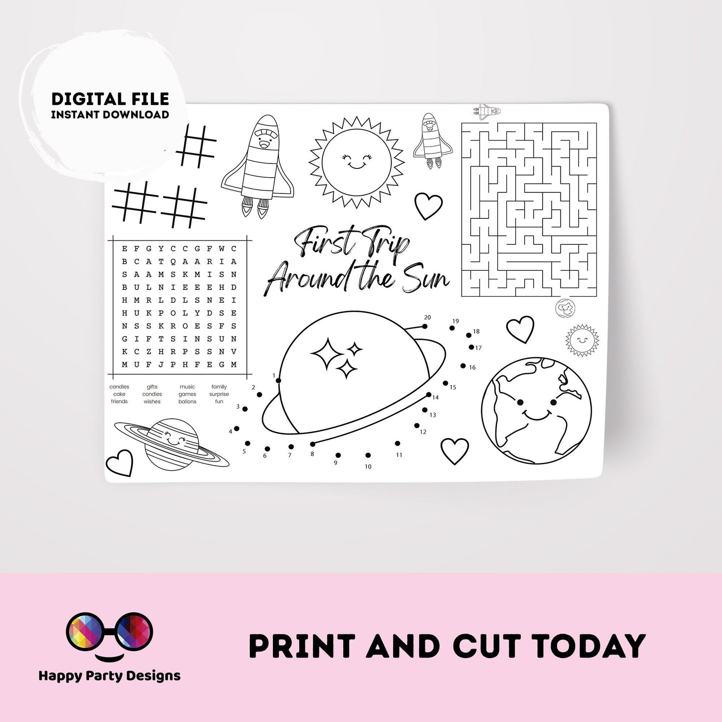 INSTANT DOWNLOAD First Trip Around the Sun party coloring page | Outer Space party Activity games GIRL Astronaut Activity Page Placemat #K57