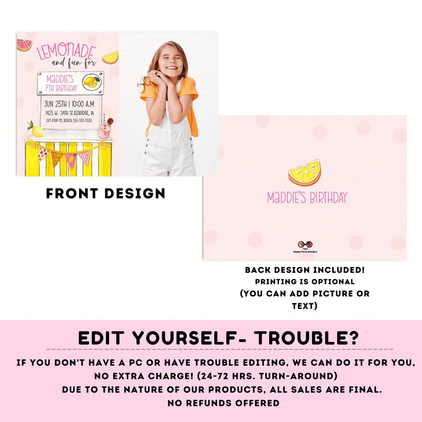 Editable Lemonade Invitation with picture | Lemonade Birthday Invitation | Garden Birthday Party | Lemonade Stand invite | Girl #K100