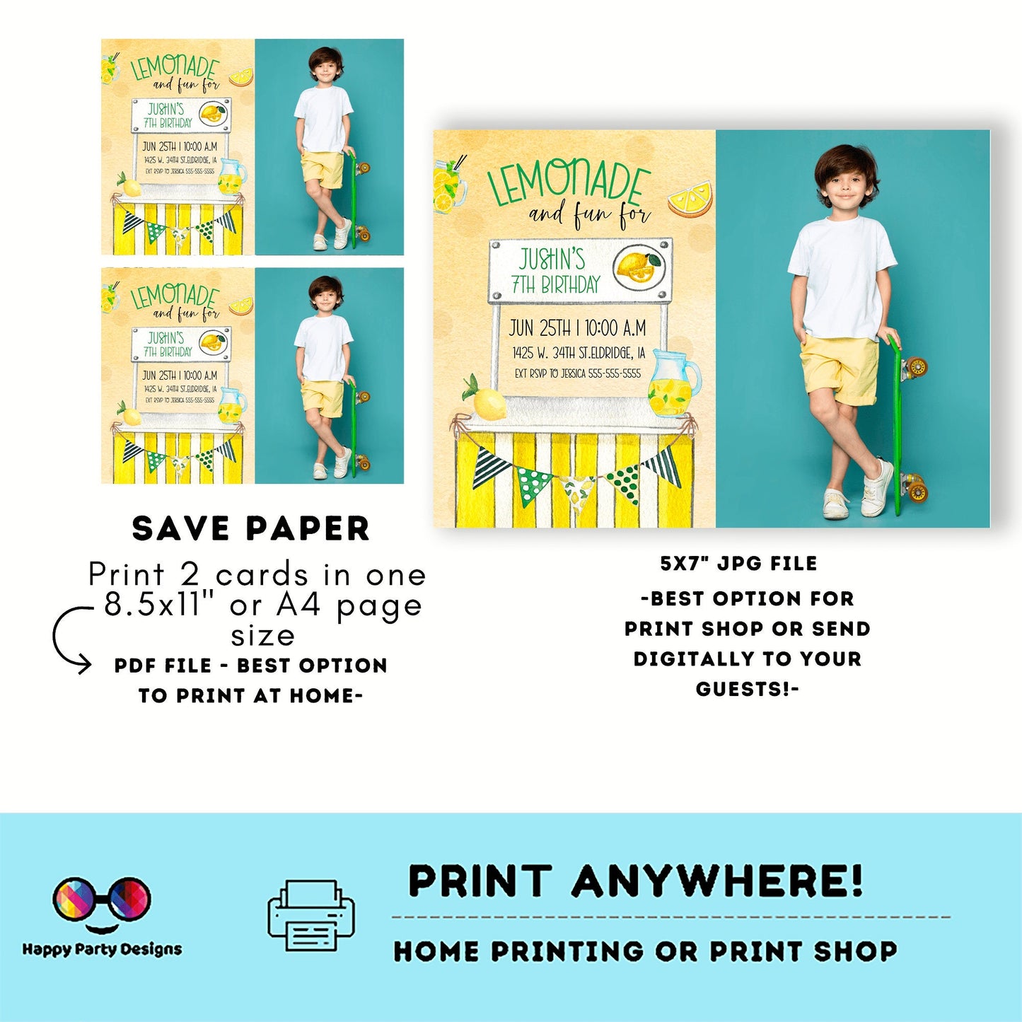 Editable Lemonade Invitation with picture | Lemonade Birthday Invitation | Garden Birthday Party | Lemonade Stand invite | Boy #K101