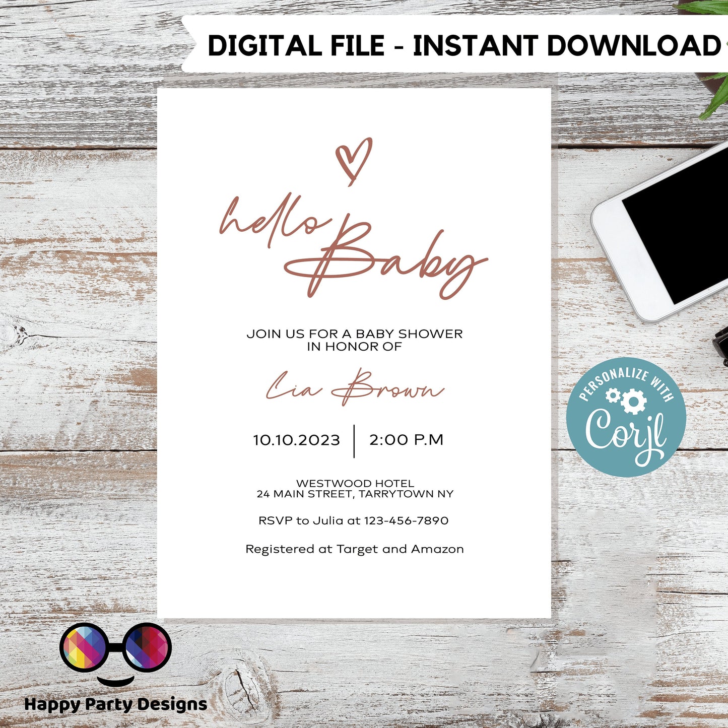Editable Minimalist Baby Shower Invitations | boho baby boy | baby girl | gender neutral shower | Oh Baby Minimalist Baby Shower Invite #B20