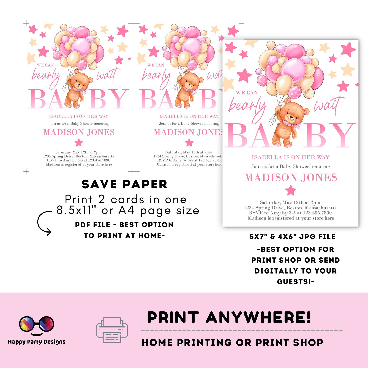EDITABLE pink Teddy bear baby shower invitation template | teddy bear with balloons Invitation | Baby Shower | girl baby shower #B21