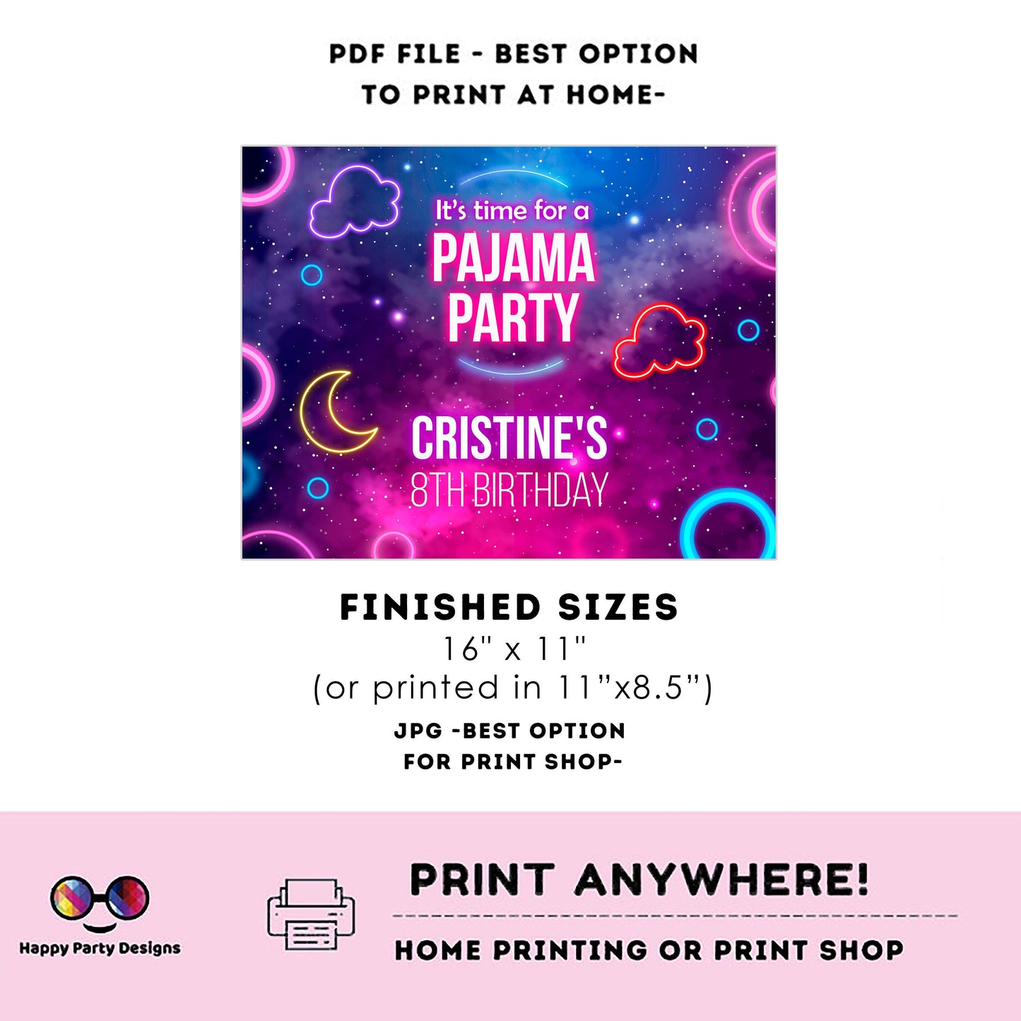 Editable sleepover placemat page | slumber party Placemat | Any Age | summer party | Slumber Party | Instant Download Neon #K99