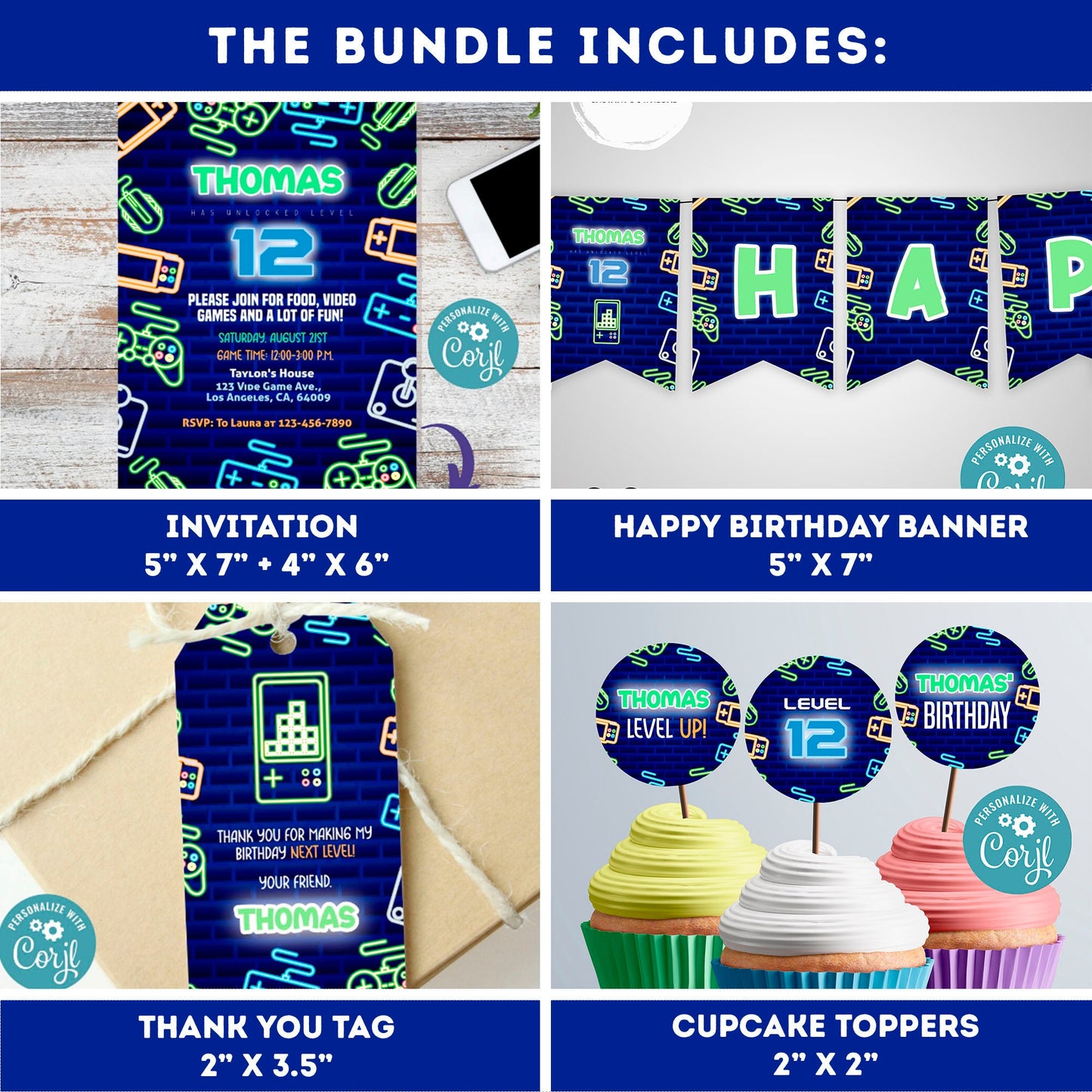 EDITABLE video gamer invitation bundle | birthday banner, cupcake toppers, thank you tag, sign | birthday | gamer party | teens party #K50