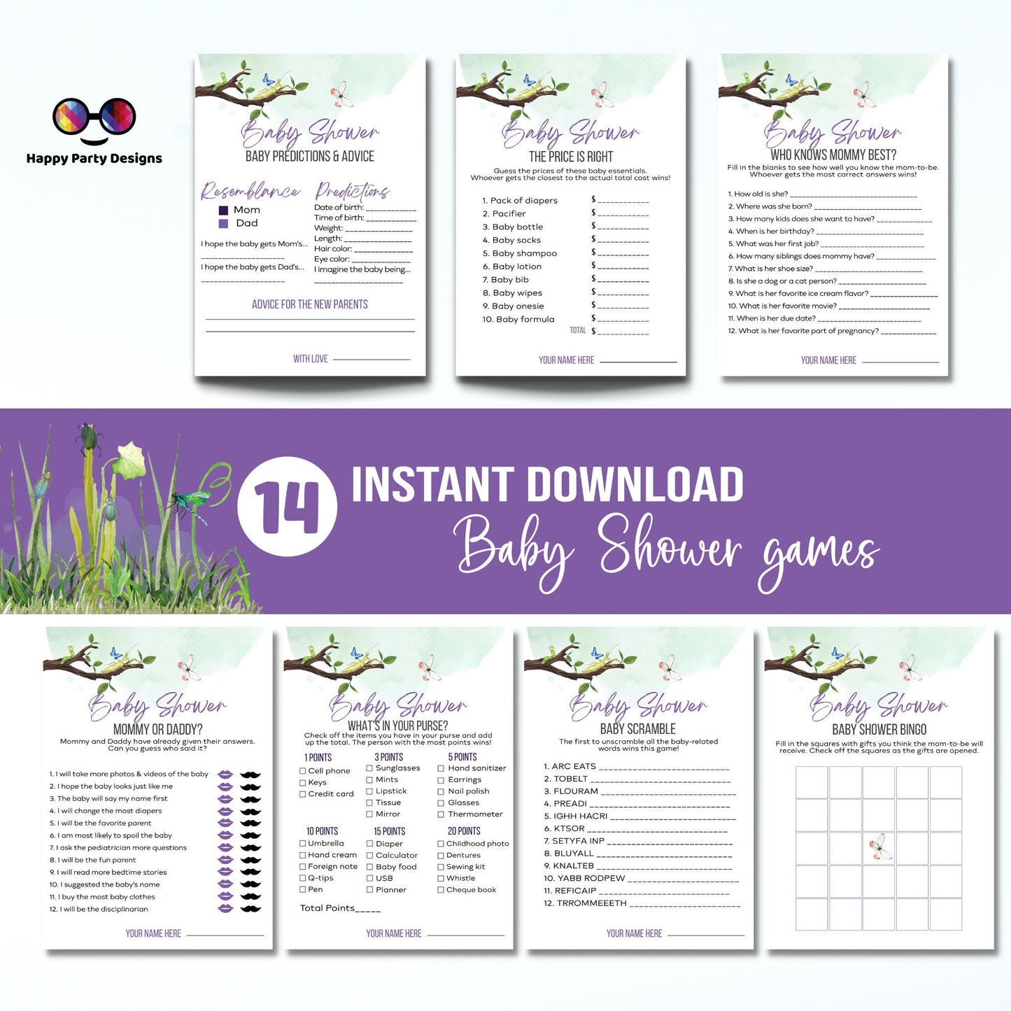 Instant baby insect games bundle | baby shower games | Baby girl | green baby shower | bugs baby shower games #B27
