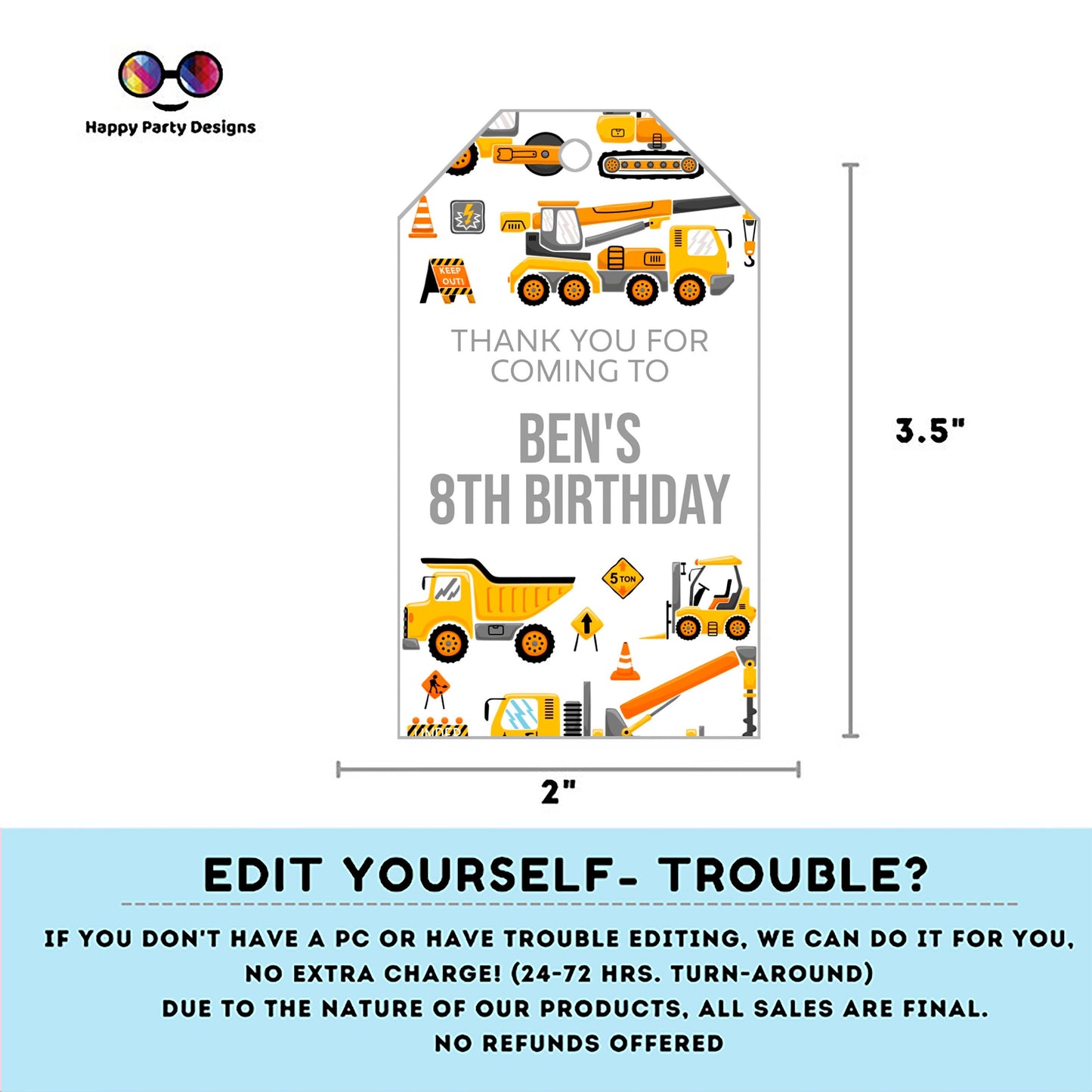 Editable Party Under Construction Thank you tag | Digital Construction thank you tag | Construction Thank You tag | trucks party #K105