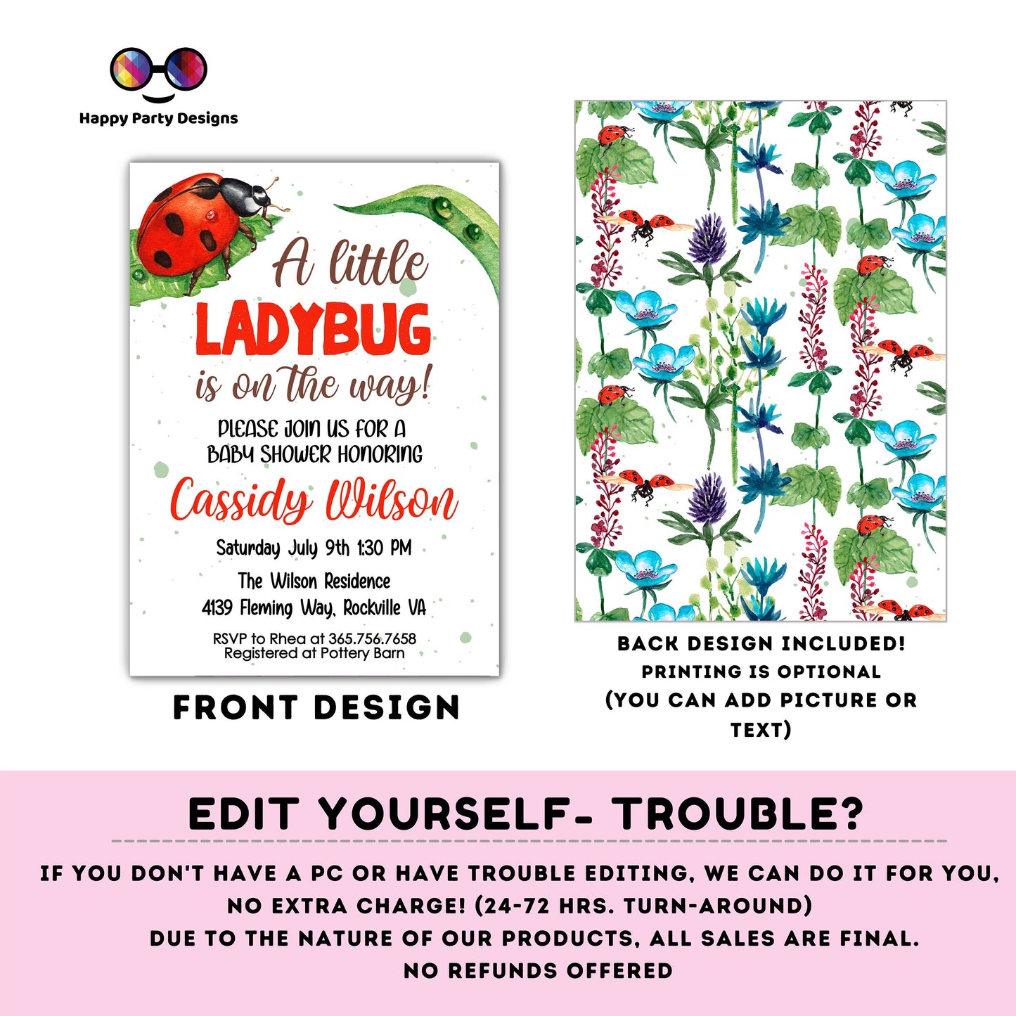 Little Lady Ladybug Baby Shower Invite | Invitation Insect Party | Insect Greenery Invitation | Red and Black Baby Shower | baby girl #B29