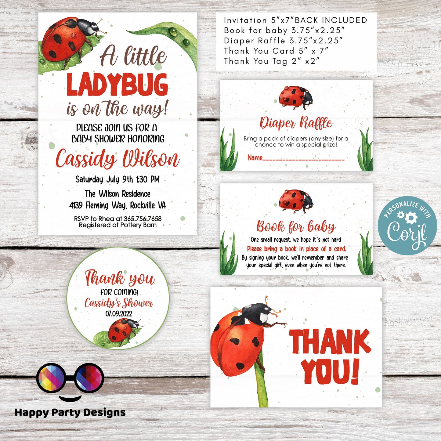 Ladybug baby Shower Invitation bundle | little ladybug bundle | diaper raffle, books for baby, thank you tag, thank you card #B29