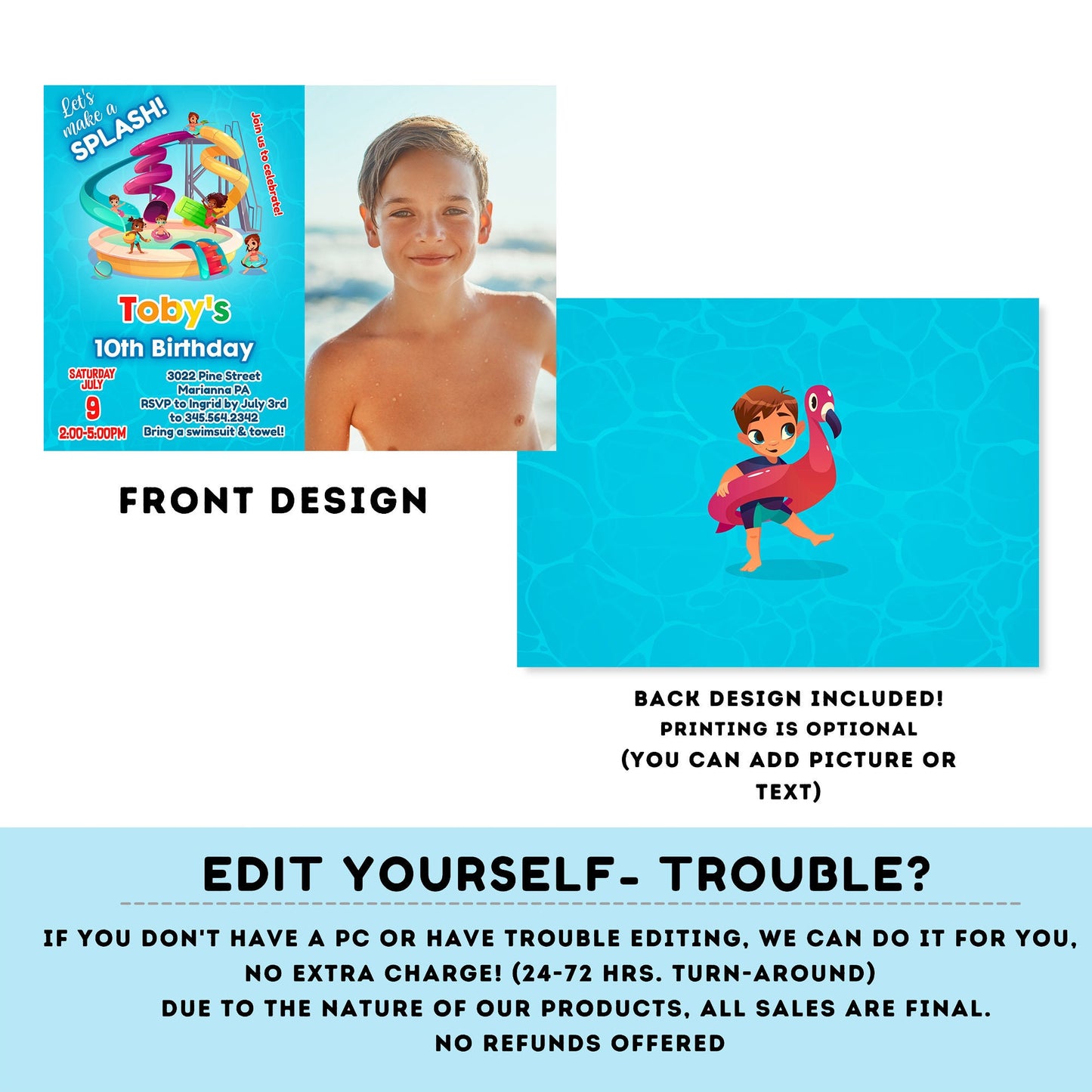 editable water park birthday invitation with photo | let's make a splash boy waterpark party invite Pool party Invitation | | Summer #K109