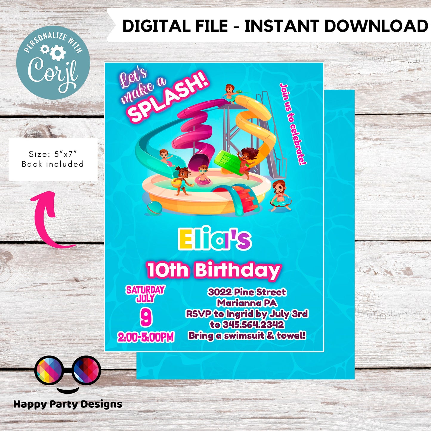 editable water park birthday invitation template | let's make a splash girl waterpark party invite Pool party Invitation | | Summer #K109