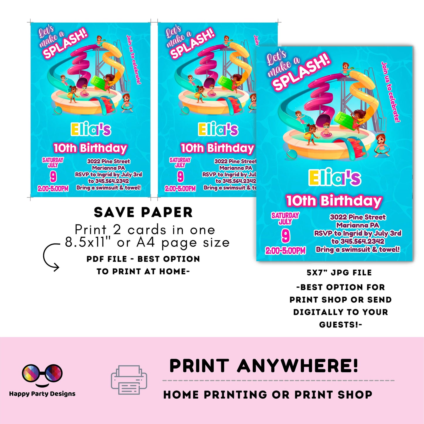 editable water park birthday invitation template | let's make a splash girl waterpark party invite Pool party Invitation | | Summer #K109