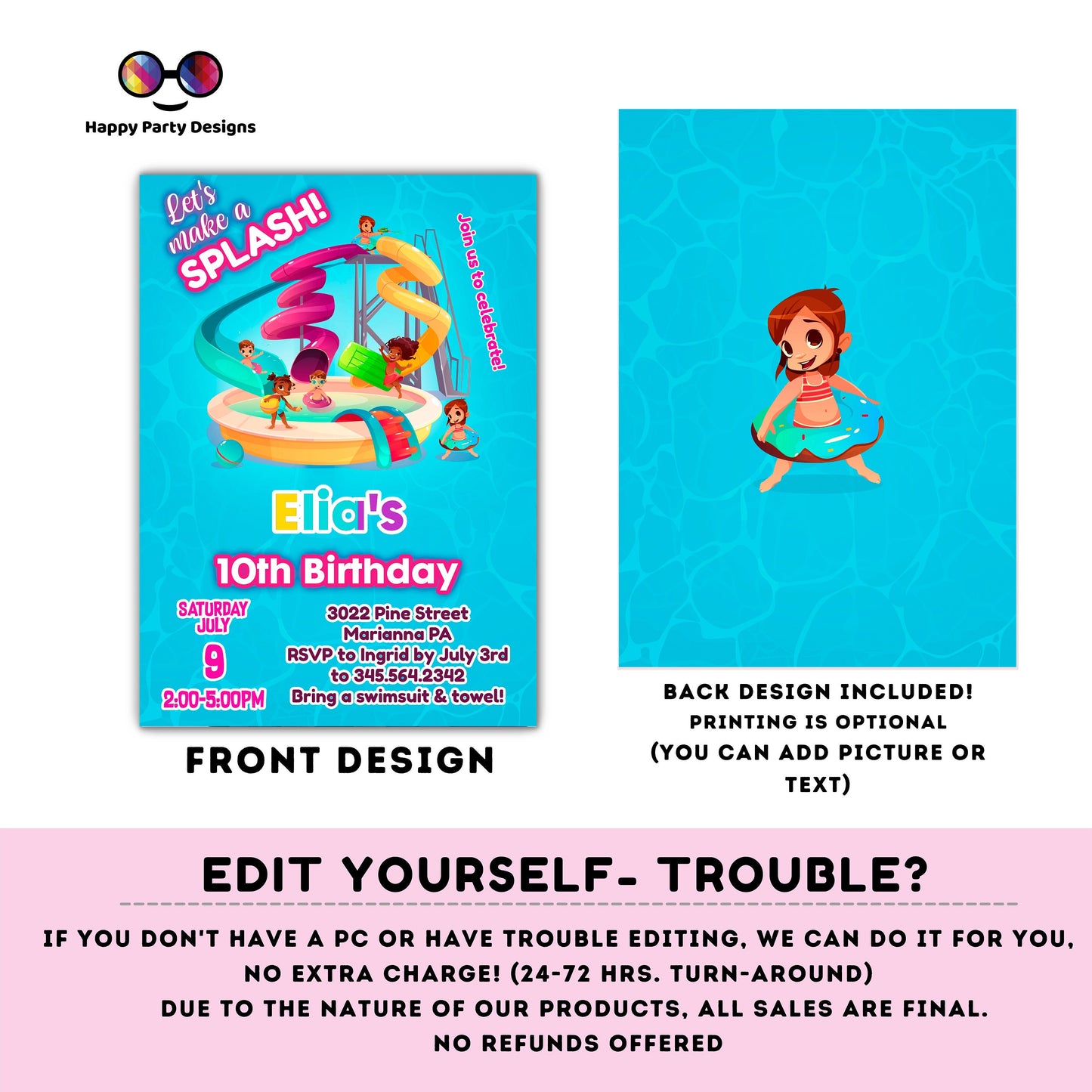 editable water park birthday invitation template | let's make a splash girl waterpark party invite Pool party Invitation | | Summer #K109