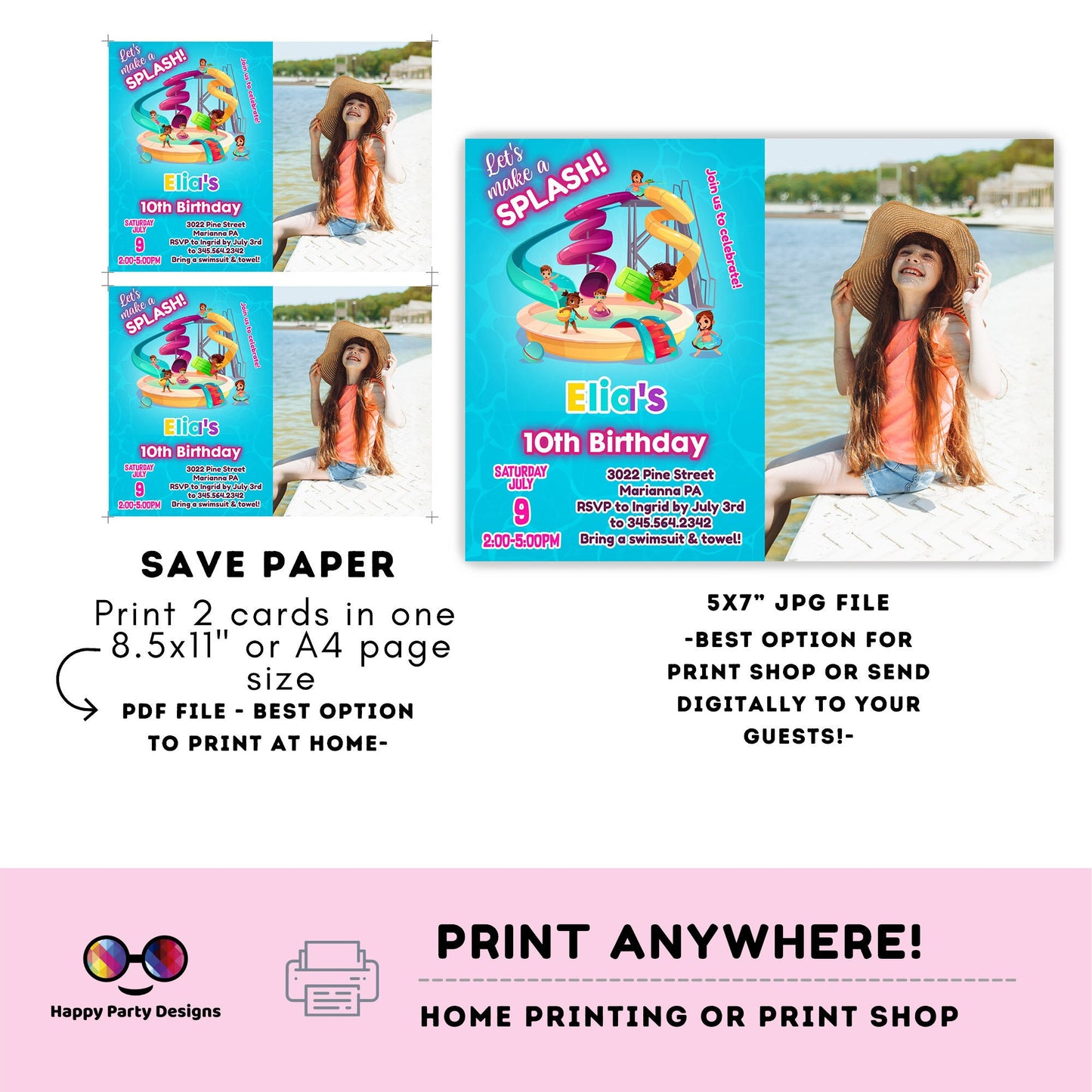 editable water park birthday invitation template with photo | let's make a splash girl waterpark Pool party Invitation | | Summer #K109