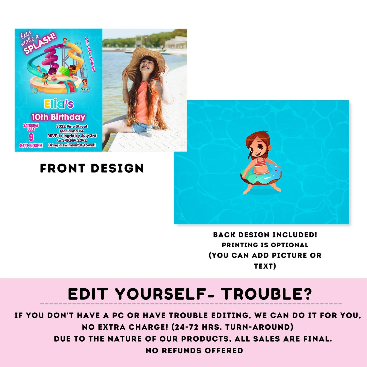editable water park birthday invitation template with photo | let's make a splash girl waterpark Pool party Invitation | | Summer #K109