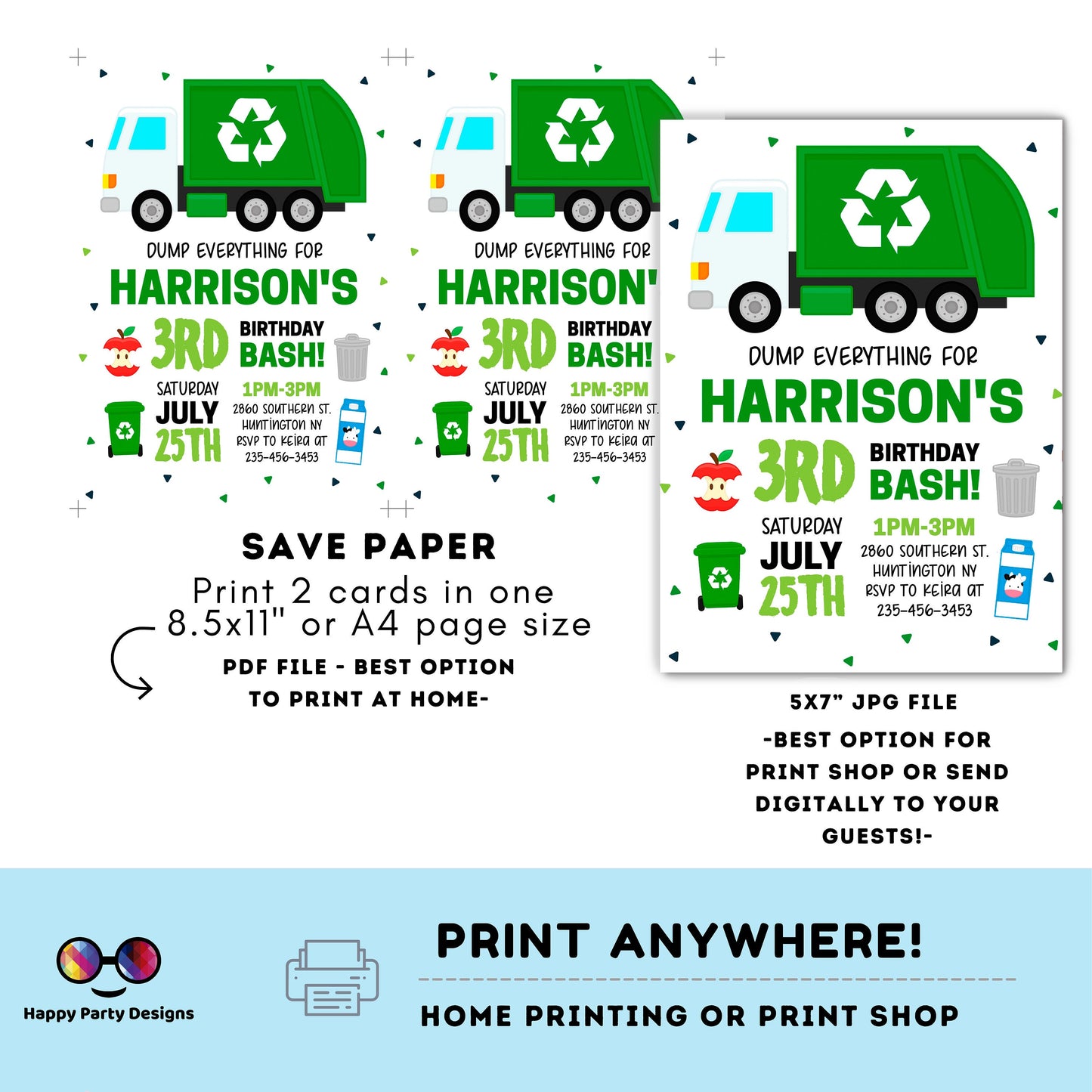 Garbage Truck Invitation | Recycling Birthday Invites | boy | any age! | Garbage Truck Invitations | Edit Yourself #K110