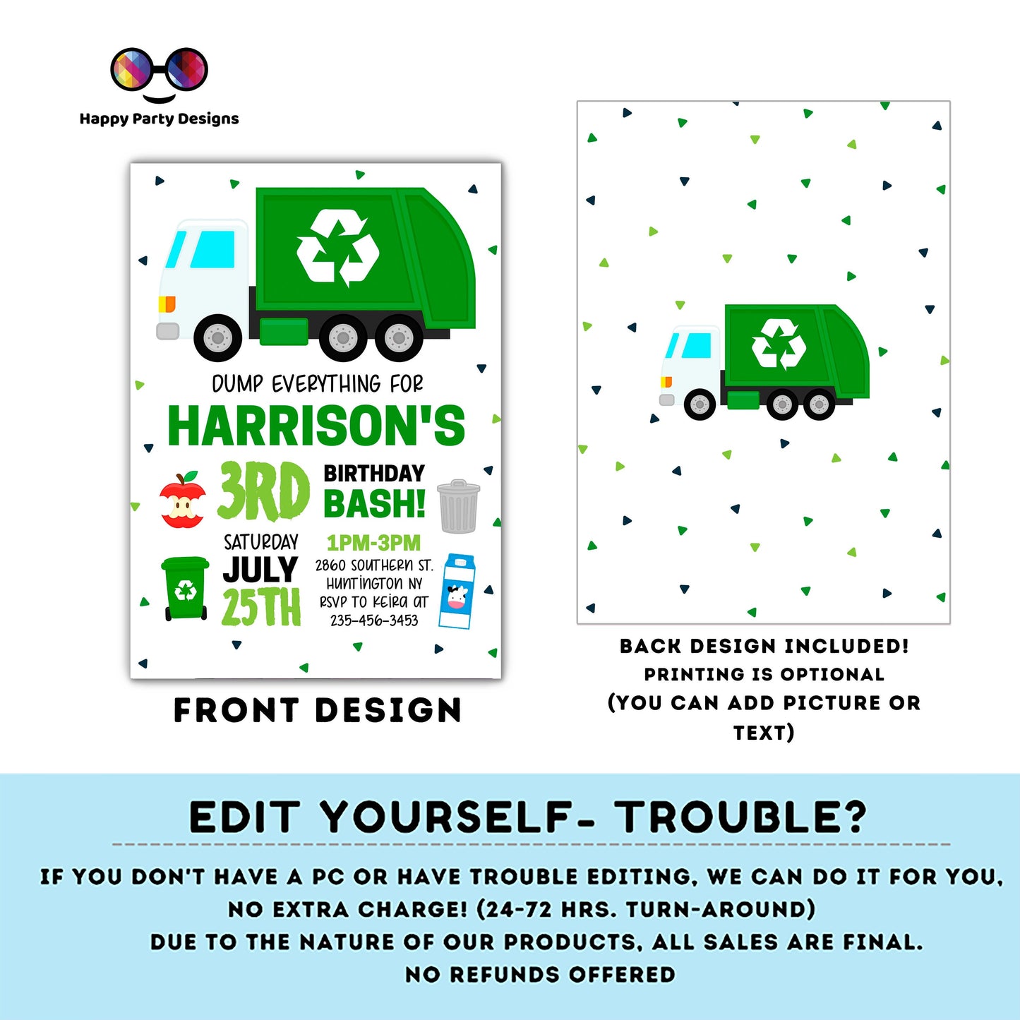 Garbage Truck Invitation | Recycling Birthday Invites | boy | any age! | Garbage Truck Invitations | Edit Yourself #K110