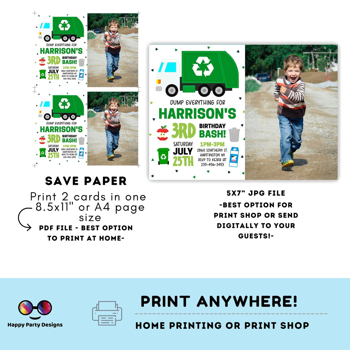 Garbage Truck Invitation with photo | Recycling Birthday Invites | boy | any age! | Garbage Truck Invitations | Edit Yourself #K110