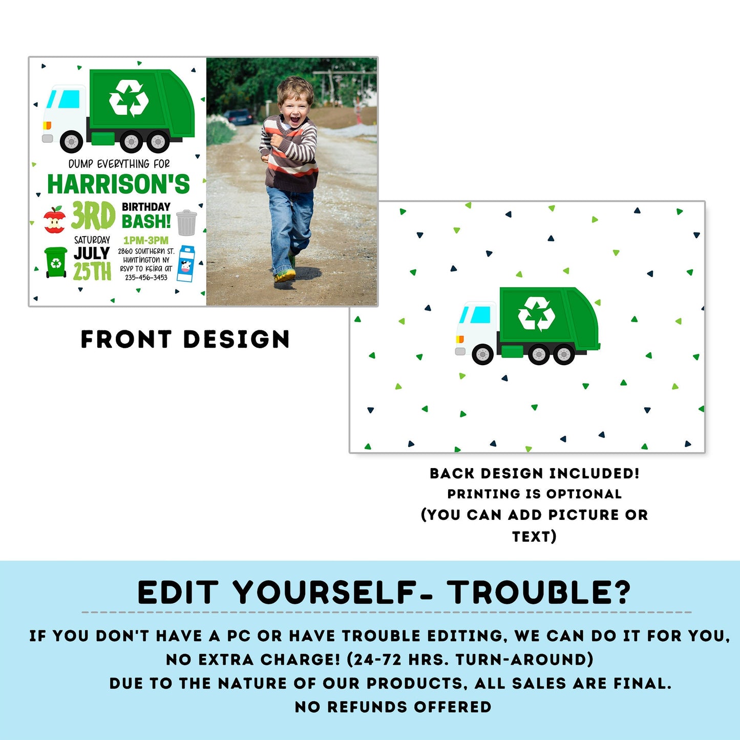 Garbage Truck Invitation with photo | Recycling Birthday Invites | boy | any age! | Garbage Truck Invitations | Edit Yourself #K110