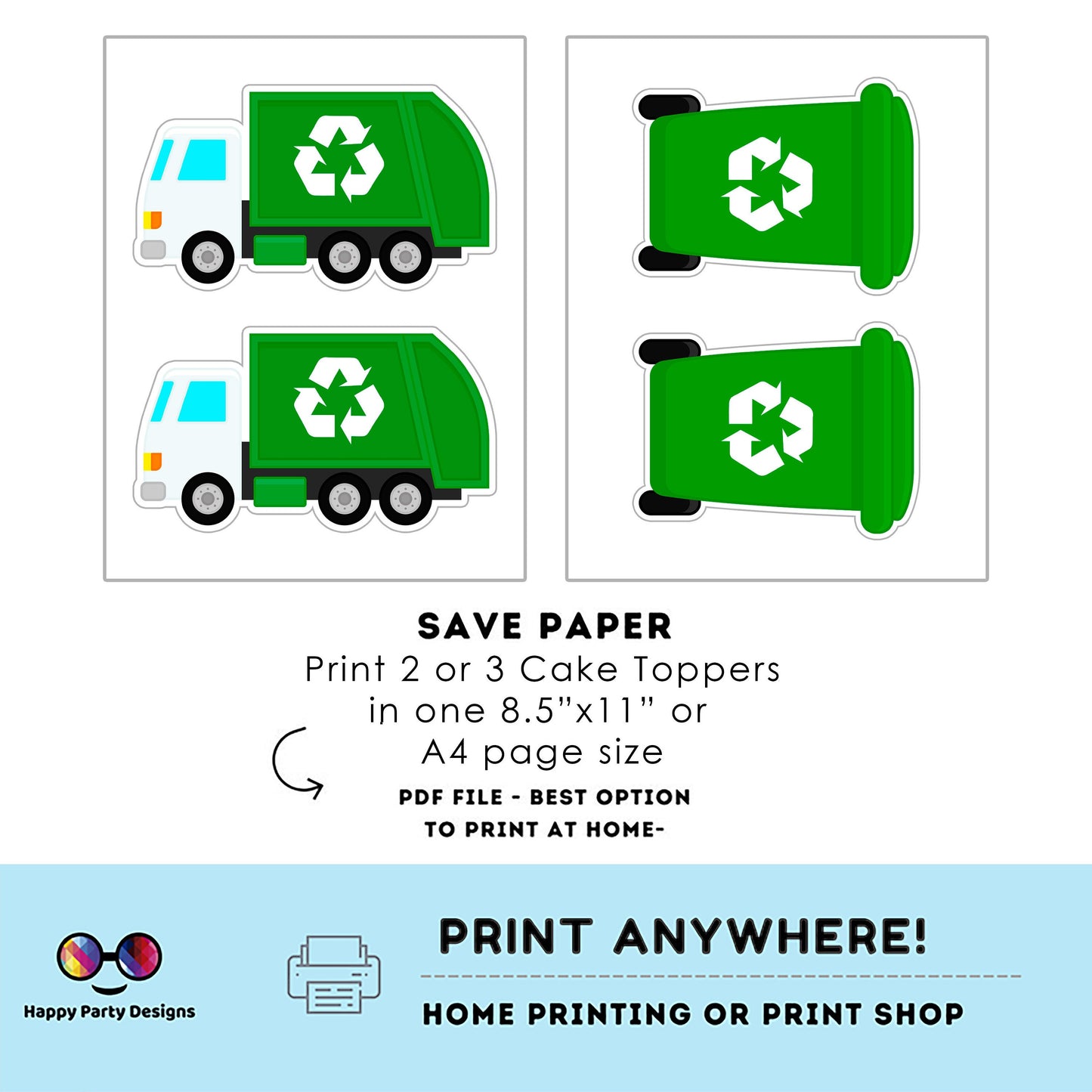PRINTABLE garbage truck Cake Toppers 5 | recycling party Cake Toppers | garbage truck Cake Toppers Centerpieces | green truck #K110