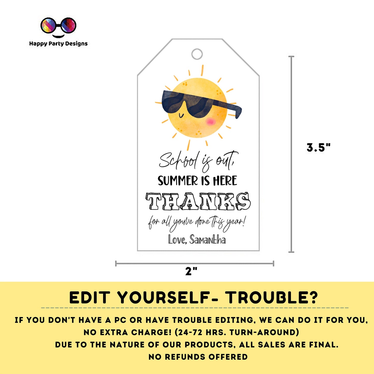 Teacher Appreciation Gift Tag Template | Editable Sunshine Thank You Tag | Printable Schools Out | End of Year Favor | summer Tag #SCH1
