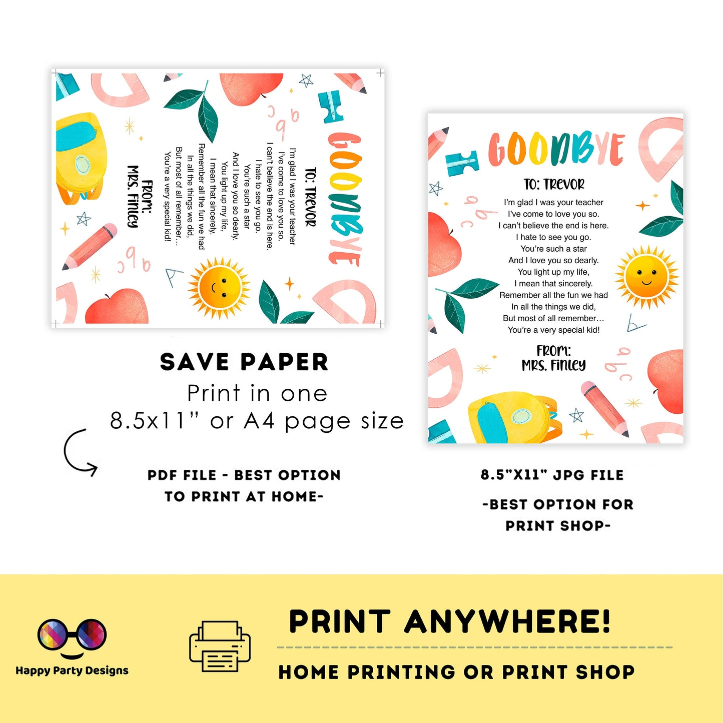 Gift from Teacher | end of school letter | goodbye poem to students | end of year printable | rainbow instant download #SCH1