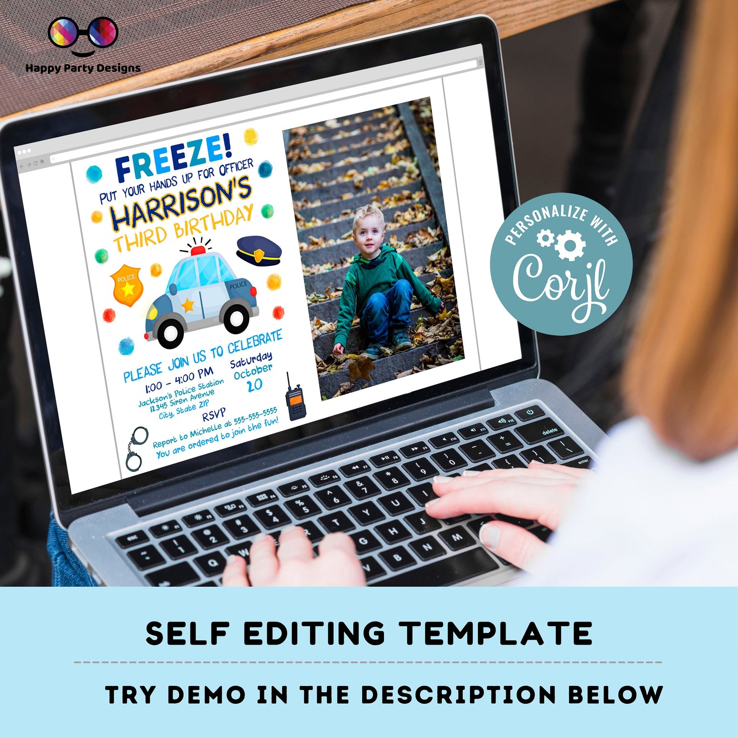 editable police birthday invitation with photo template | Police invite | Police Invitations | Instant Download #K111