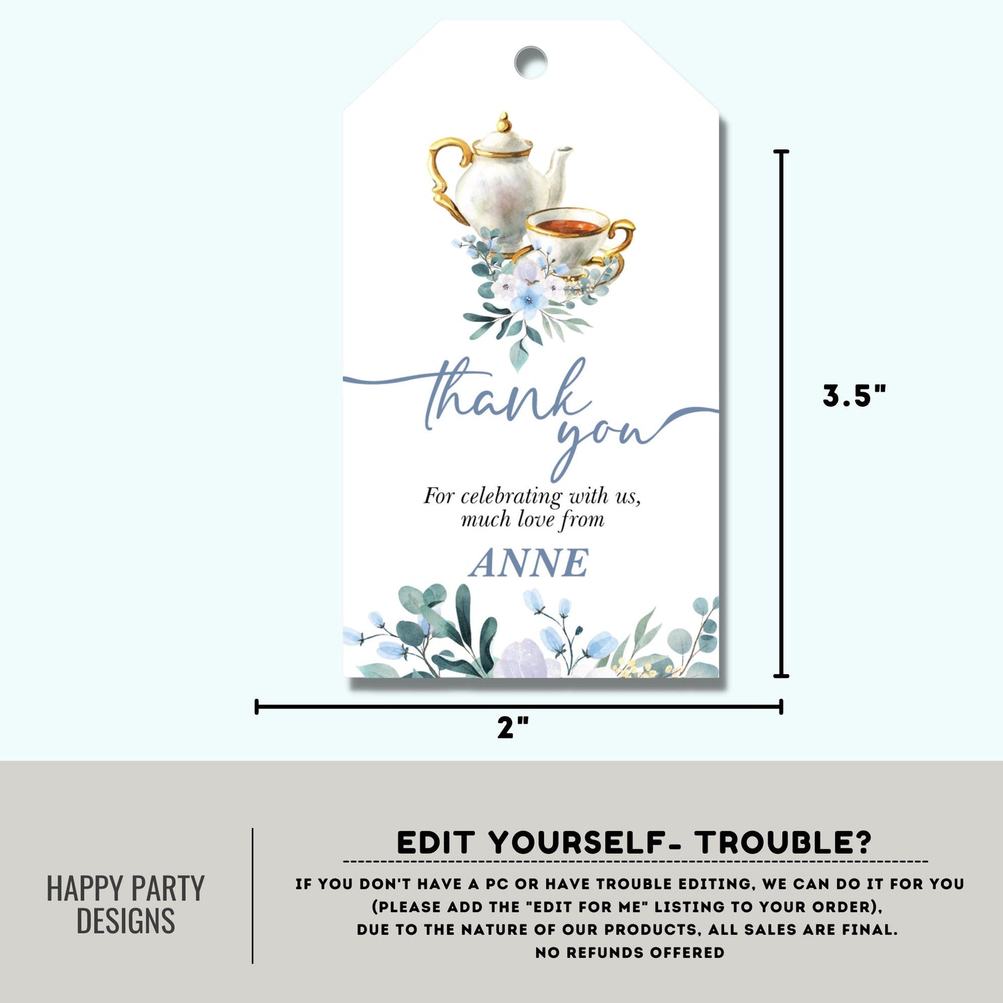 Editable tea party thank you tag | birthday | baby shower | bachelorette | Thank you tag | Gift Tag | Template | Baby boy | Favor tag #B30