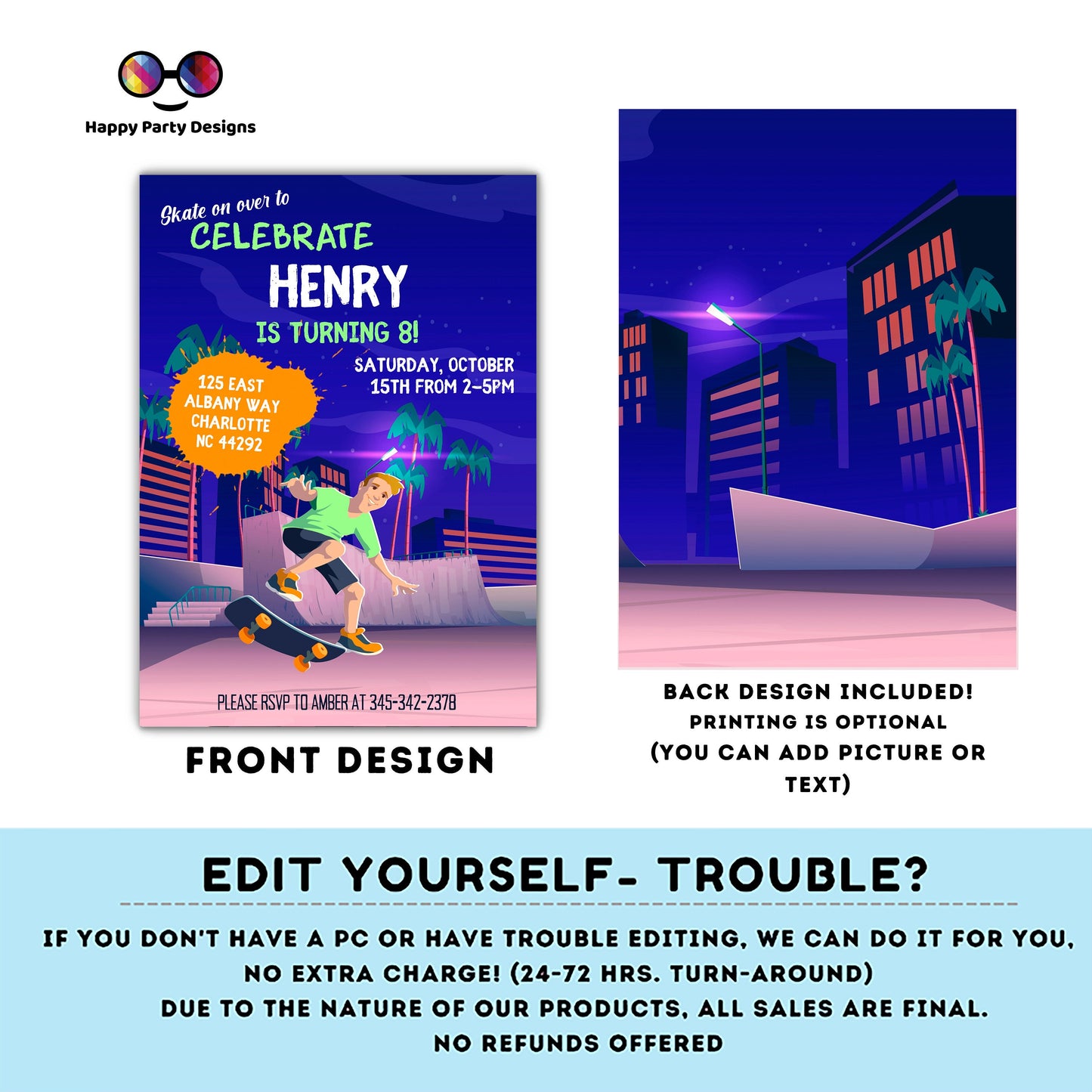 Editable skateboard invitation | Digital skater printable invite | Birthday boy | Graffiti Invitation | neon party Personalize Online #K117