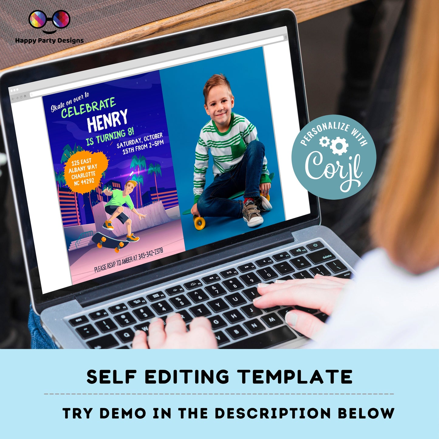 Editable skateboard invitation with picture | Digital skater printable invite | Birthday boy | skate | neon party Personalize Online #K117