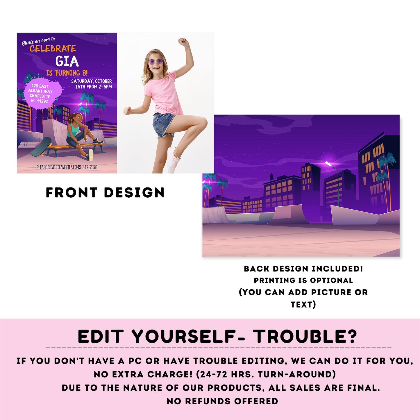 Editable skateboard invitation with picture | Digital skater printable invite | Birthday girl | neon party Personalize Online #K117