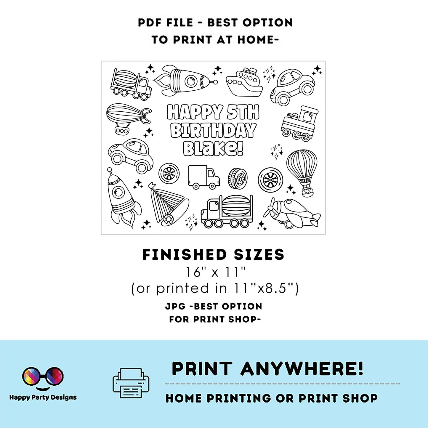 Editable Transportation Vehicles coloring page | Placemat coloring page | Any Age | Vehicles Party | Loot Bag Party Favor #K87
