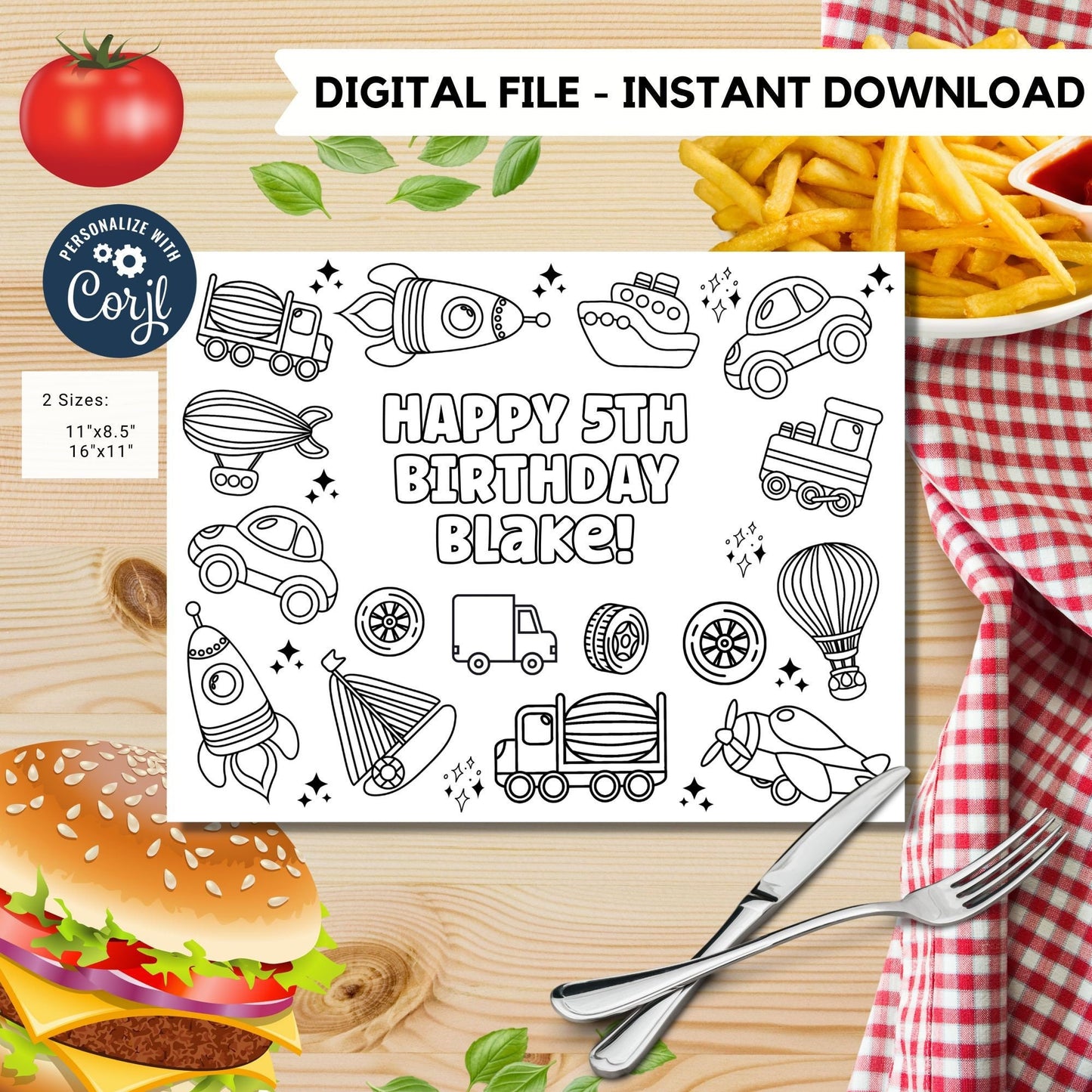 Editable Transportation Vehicles coloring page | Placemat coloring page | Any Age | Vehicles Party | Loot Bag Party Favor #K87