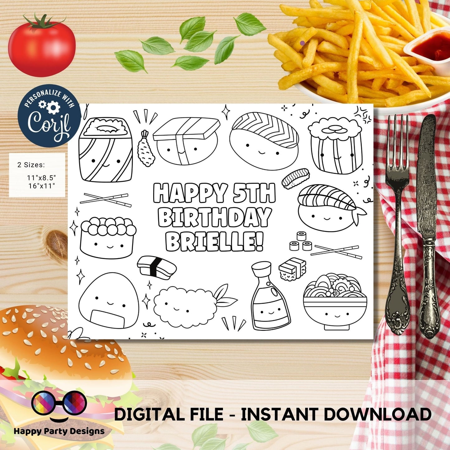 Editable Sushi coloring page | Placemat coloring page | Any Age | Cute Sushi birthday | Cute Sushi Party Activity | #K91