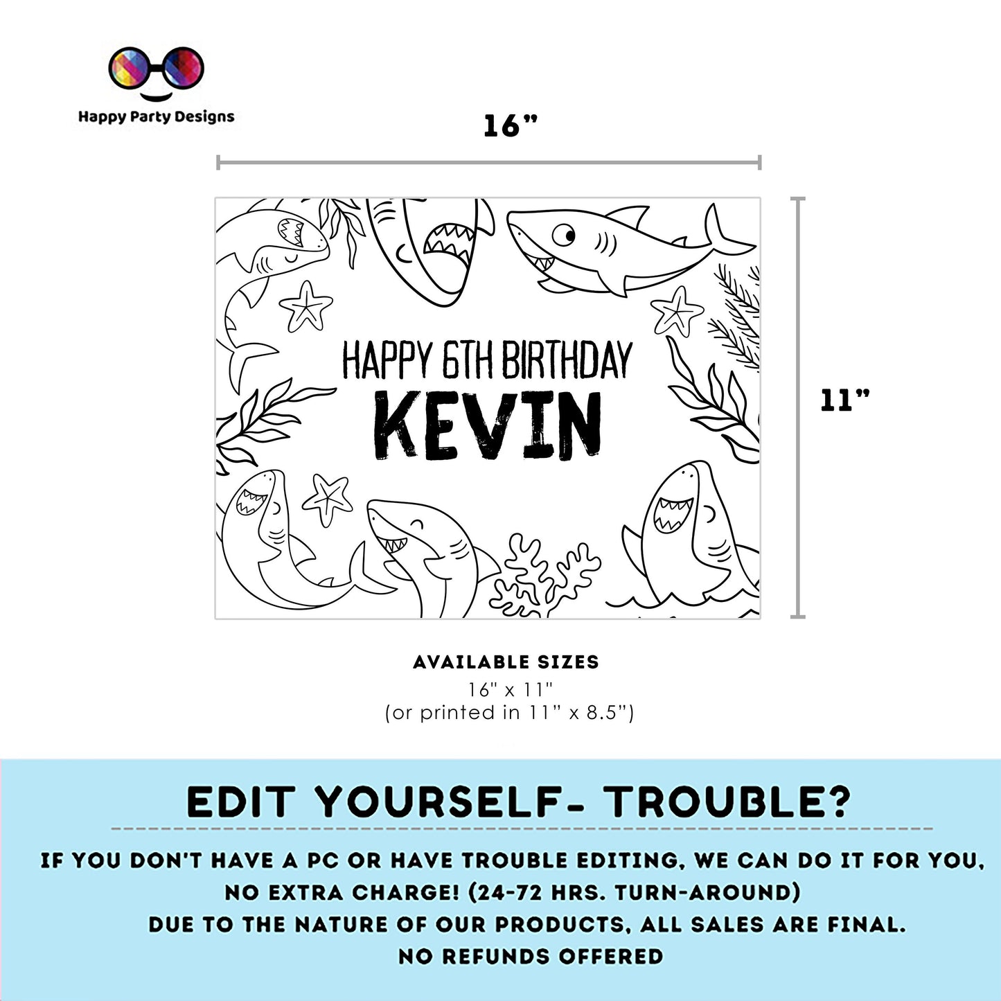 Editable Sharks coloring page | Placemat coloring page | Any Age | Sharks birthday | Under the Sea Party Activity | #K92