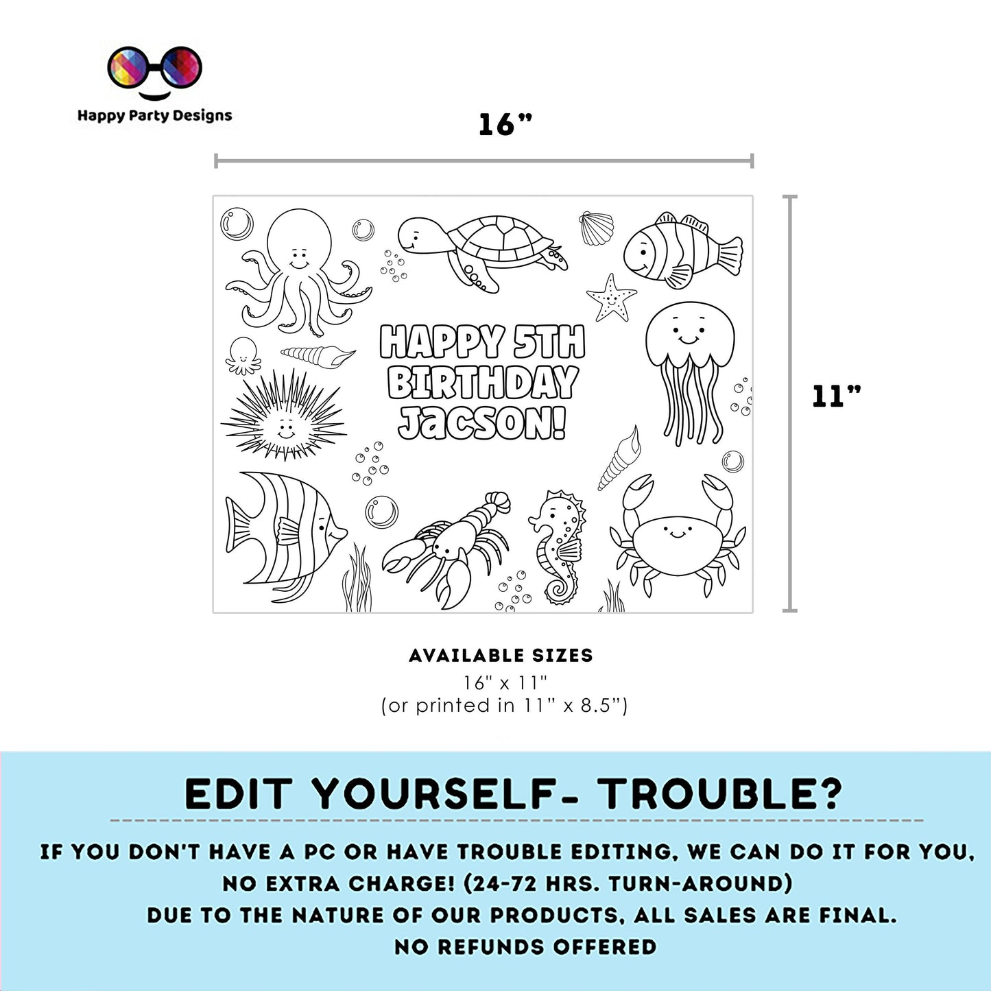 Editable Under the Sea coloring page | Placemat coloring page | Any Age | Under the Sea birthday | Under the Sea Party Activity #K93