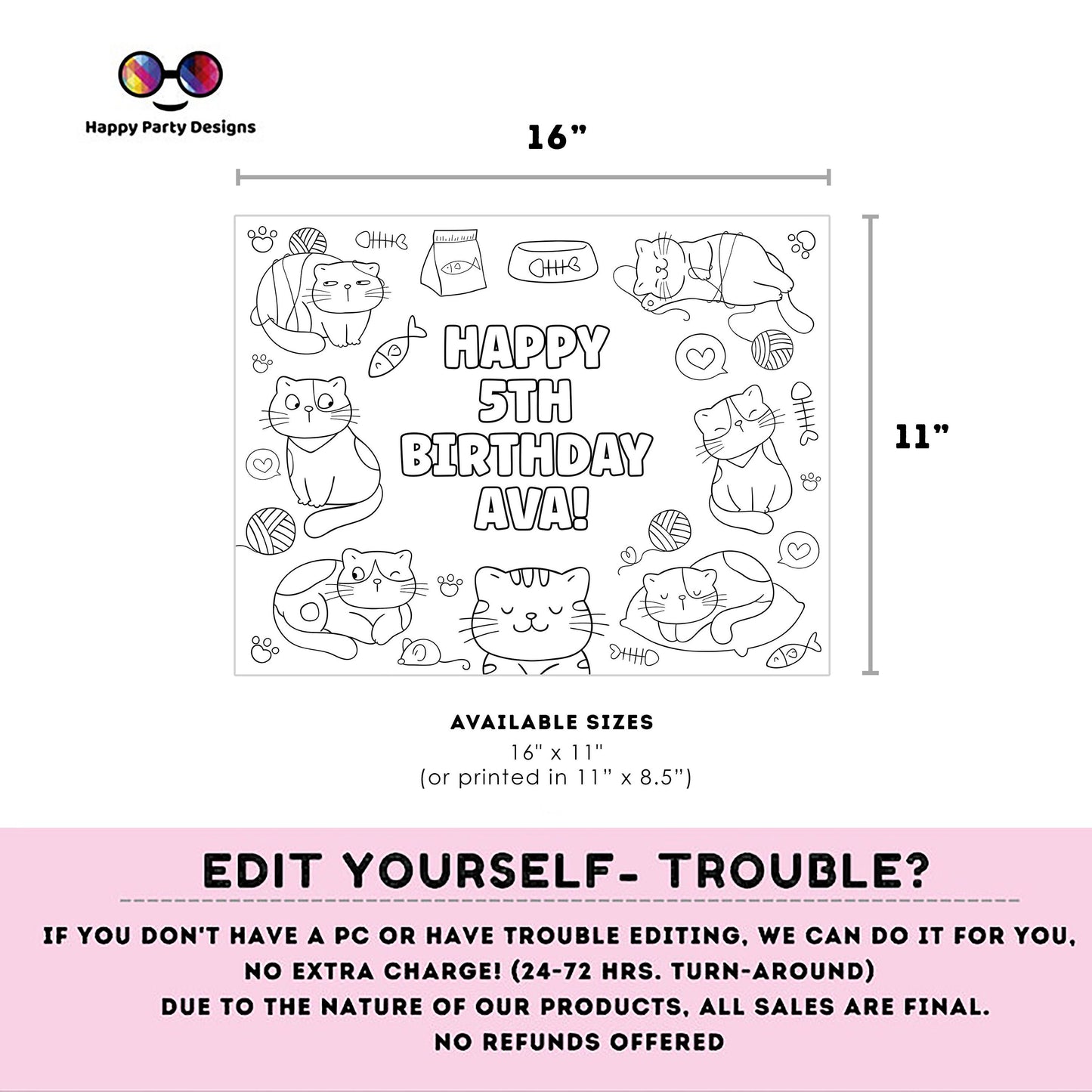 Editable Cute Funny Cats coloring page | Placemat coloring page | Any Age | kittens birthday | Playful Cats Party Activity #K114