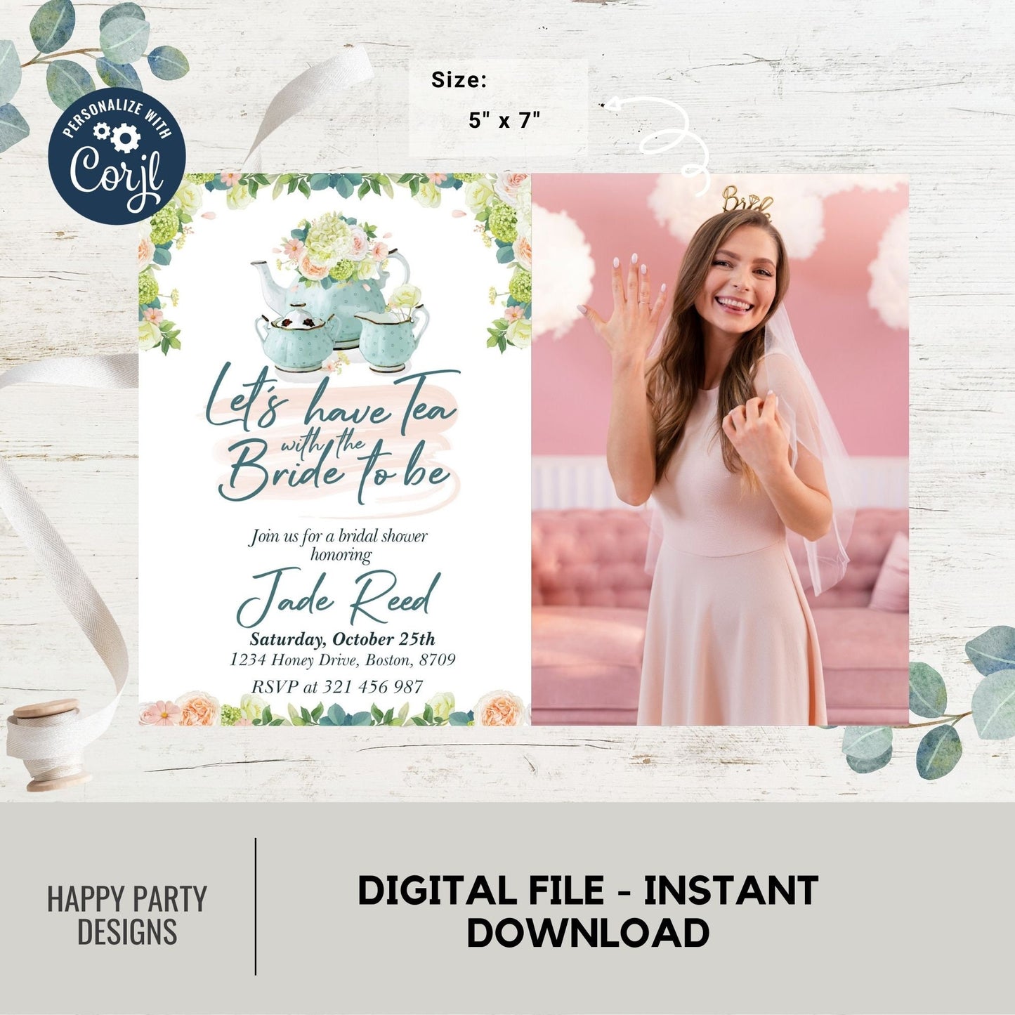Bridal Shower Tea Party Invitation Template with photo | Printable Bridal Tea Shower Invite | Bridal Brunch | Bridal shower template #W1
