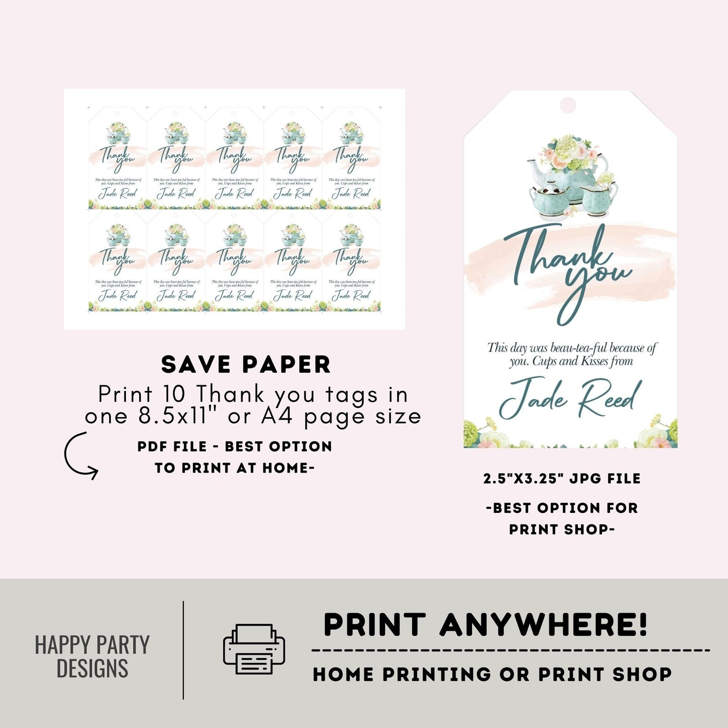 Editable tea party thank you tag | birthday | baby shower | bachelorette | Thank you tag | Gift Tag | Template | Baby girl | Favor tag #W1