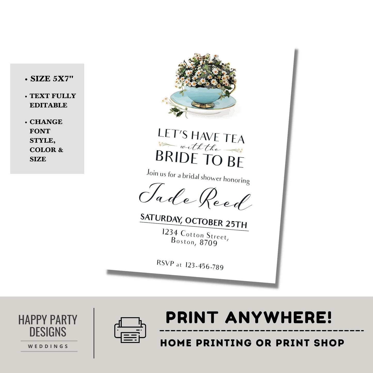 Bridal Shower Tea Party Invitation Template | Printable Bridal Tea Shower Invite | Bridal Brunch | Bridal shower invitation template #W2