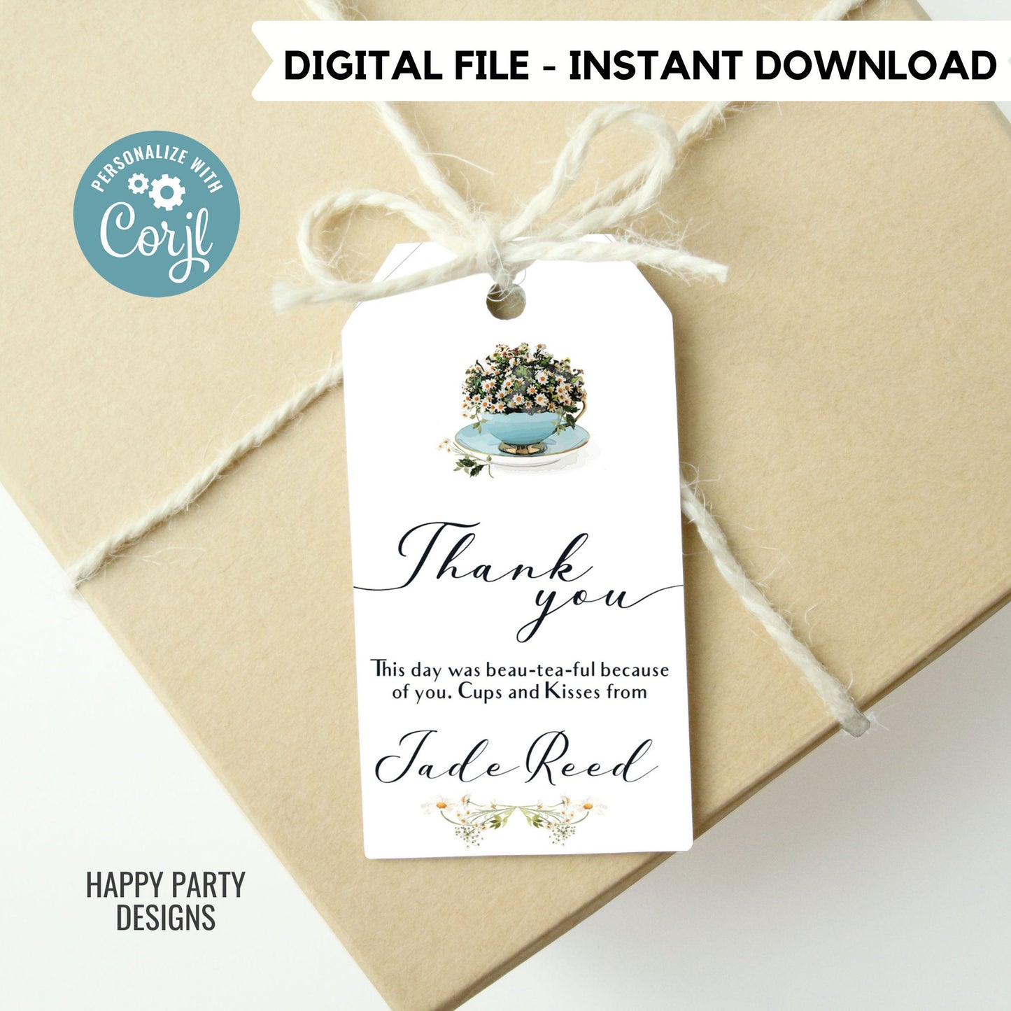 Editable tea party thank you tag | birthday | baby shower | bachelorette | Thank you tag | Gift Tag | Template | Baby girl | Favor tag #W2