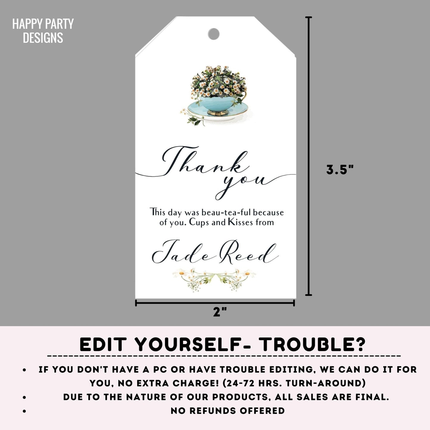 Editable tea party thank you tag | birthday | baby shower | bachelorette | Thank you tag | Gift Tag | Template | Baby girl | Favor tag #W2