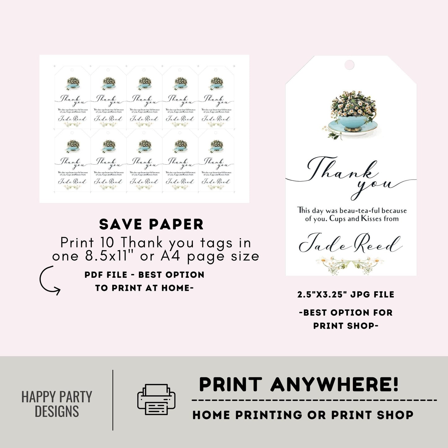 Editable tea party thank you tag | birthday | baby shower | bachelorette | Thank you tag | Gift Tag | Template | Baby girl | Favor tag #W2