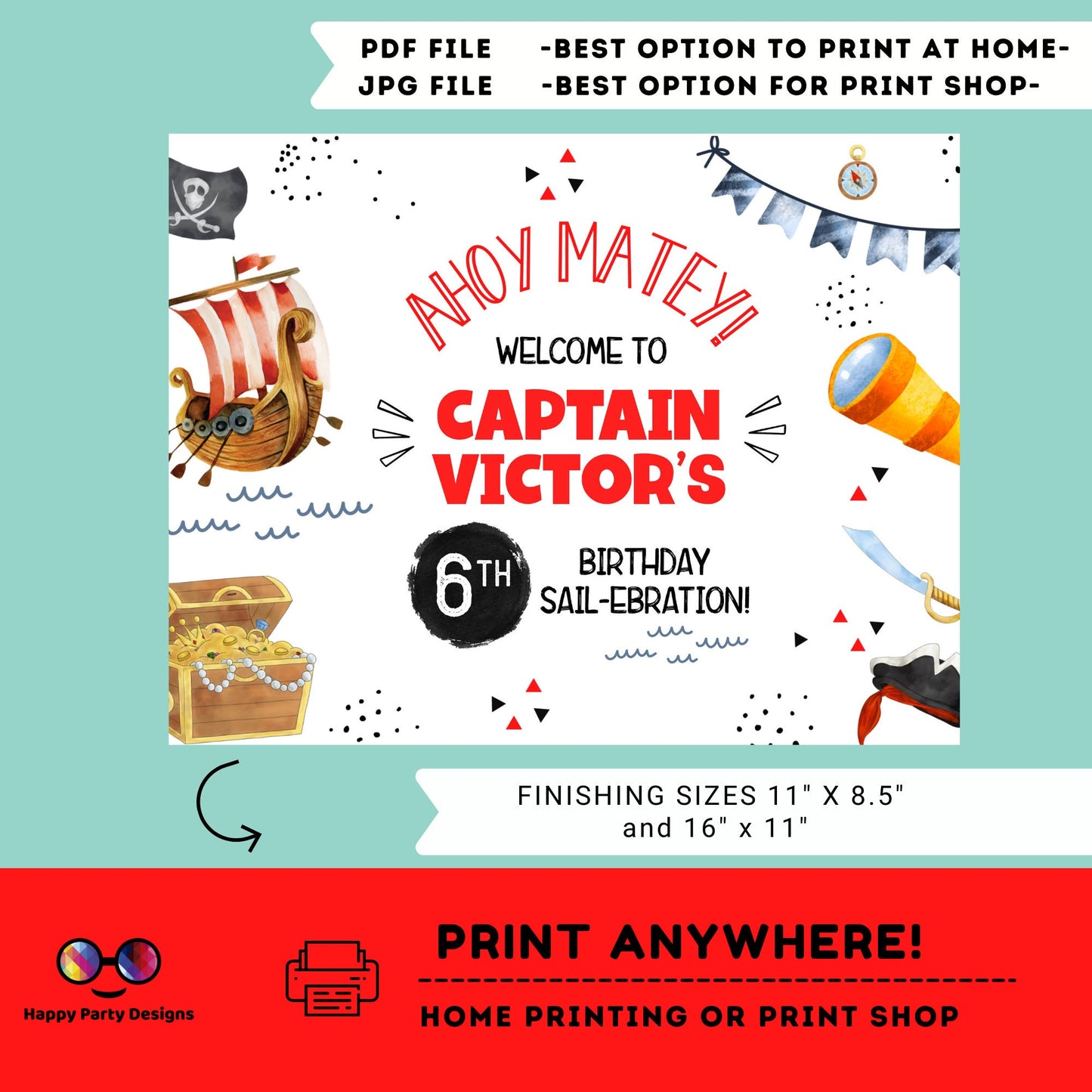 Editable Pirate party placemat | Digital Pirates Party printable placemat | Ahoy party placemat Personalize Online #K89