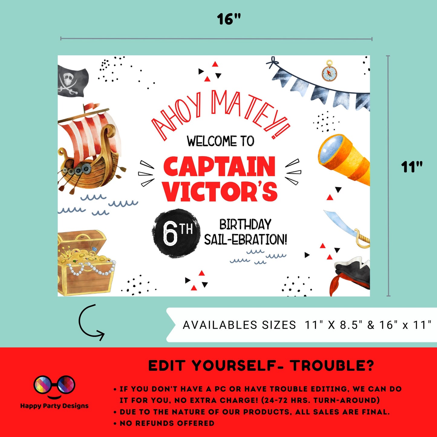 Editable Pirate party placemat | Digital Pirates Party printable placemat | Ahoy party placemat Personalize Online #K89