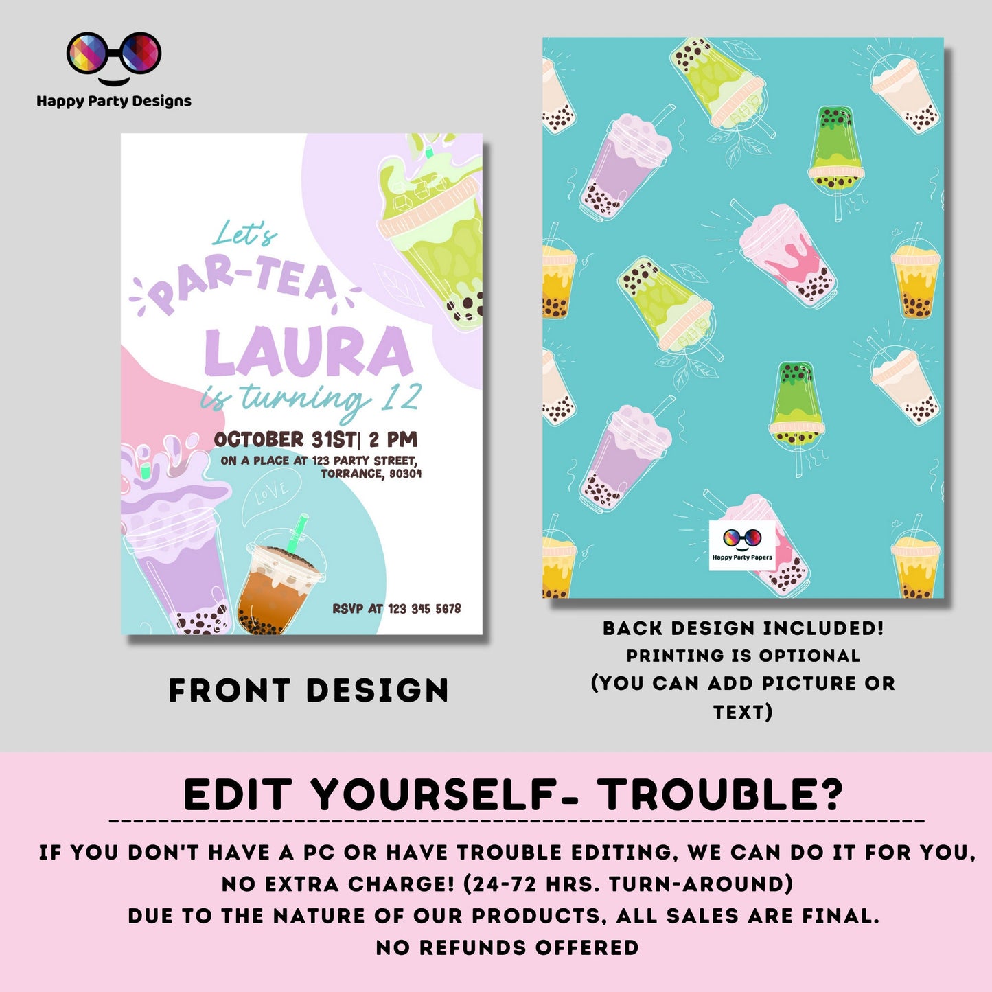 Tea Party birthday Invitation | tea Invite | Boba Tea Party Invitation | Bubble Tea Invite | Par-Tea Invitation #K121
