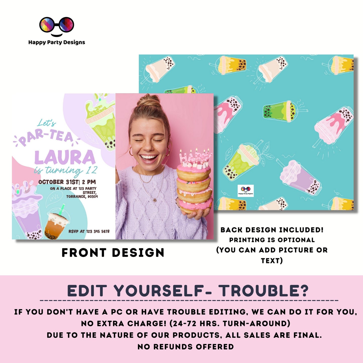 Tea Party birthday Invitation with photo | tea Invite | Boba Tea Party Invitation | Bubble Tea Invite | Par-Tea Invitation #K121