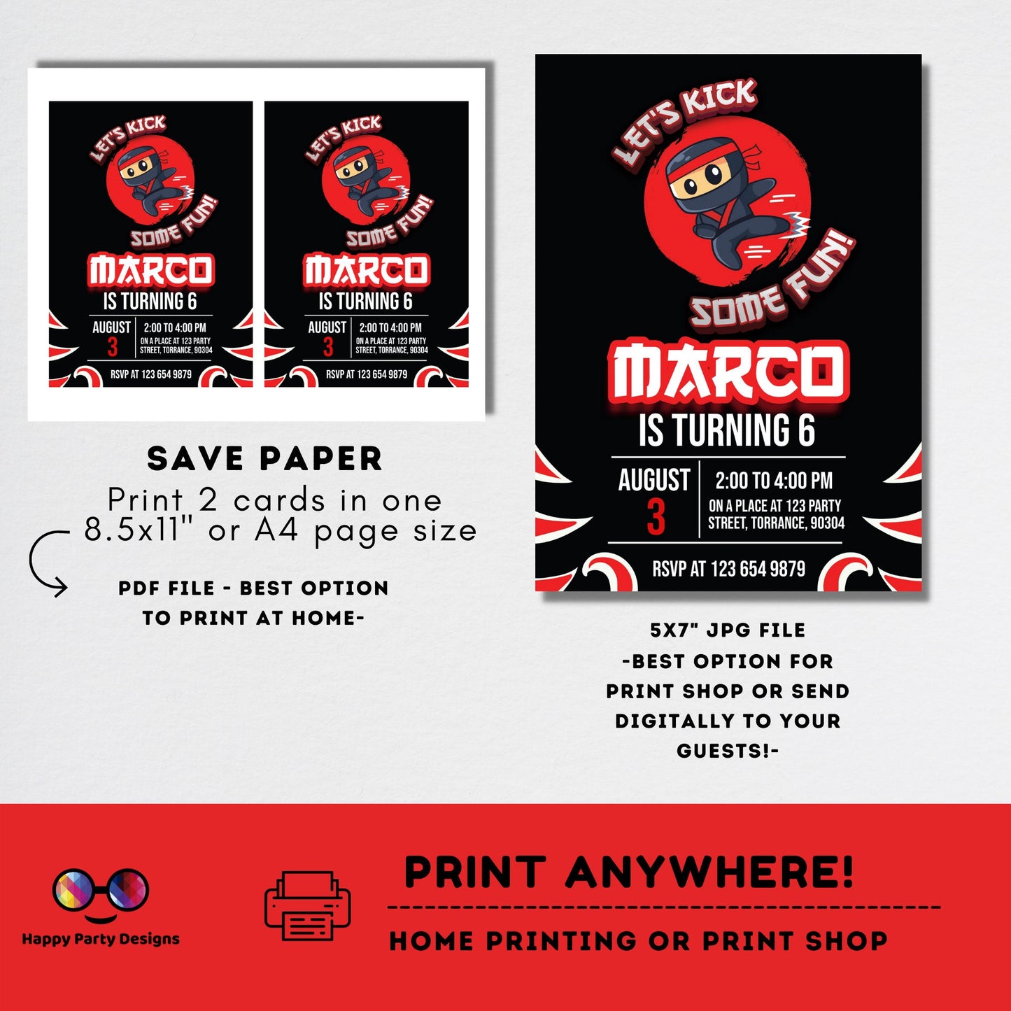 Ninja Birthday Party Invitation | EDITABLE Ninja Warrior Party Invitation Template | Karate Boys Birthday Invite | Lets Kick #K122